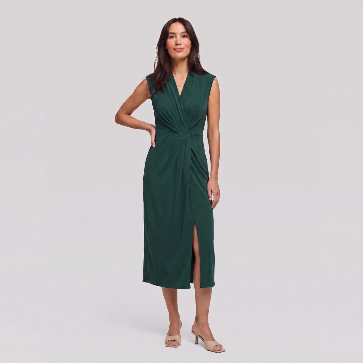 Dark emerald green sleeveless V-neck draped twist-front midi dress with side slit