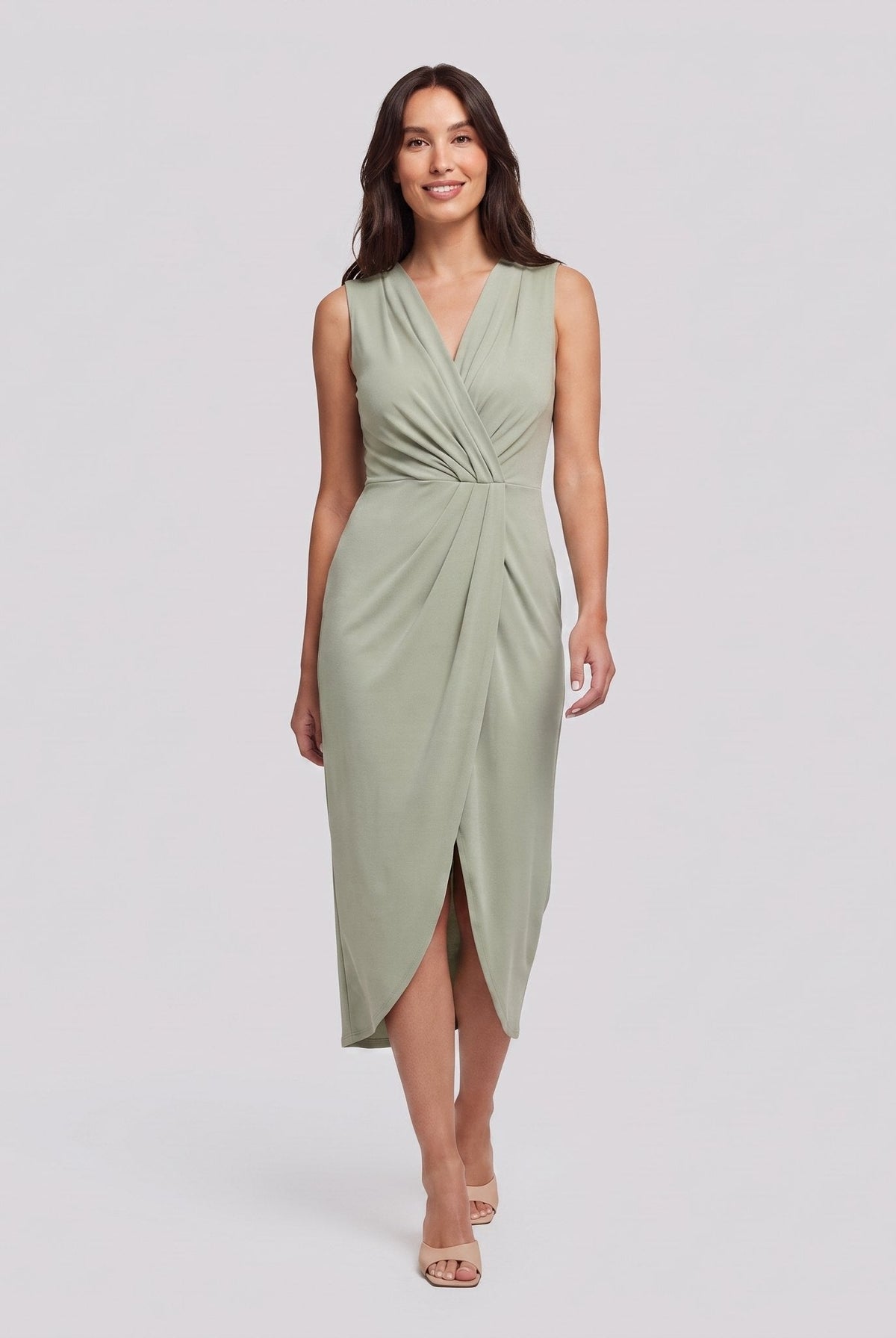 Sage light green sleeveless V-neck draped twist-front midi dress with side slit