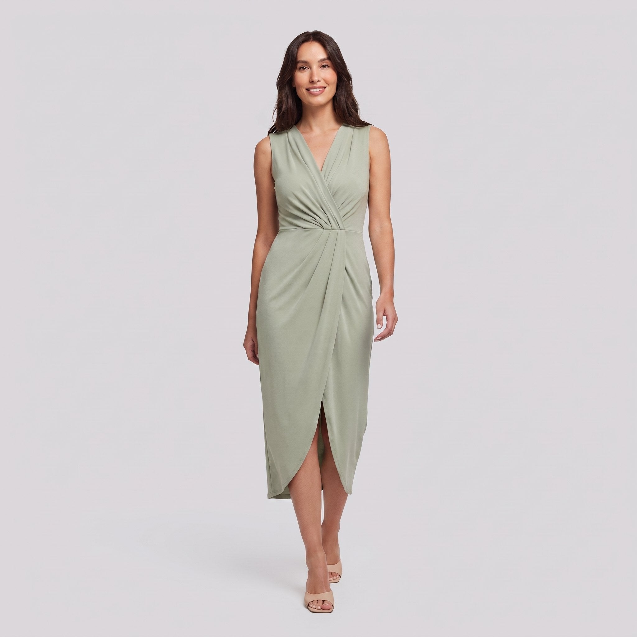 Sage light green sleeveless V-neck draped twist-front midi dress with side slit