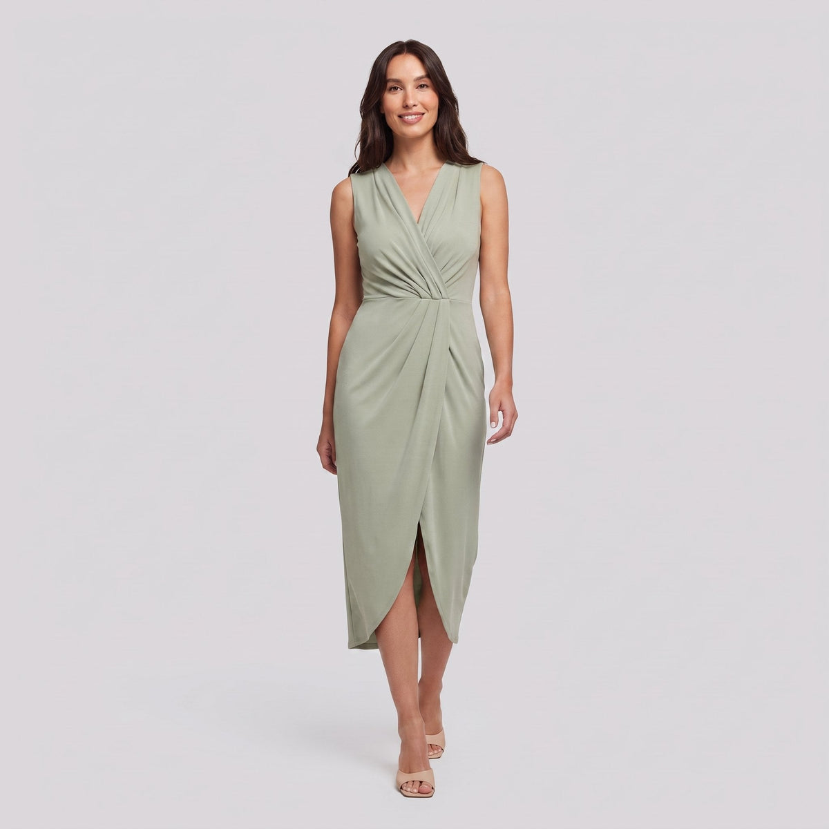 Sage light green sleeveless V-neck draped twist-front midi dress with side slit