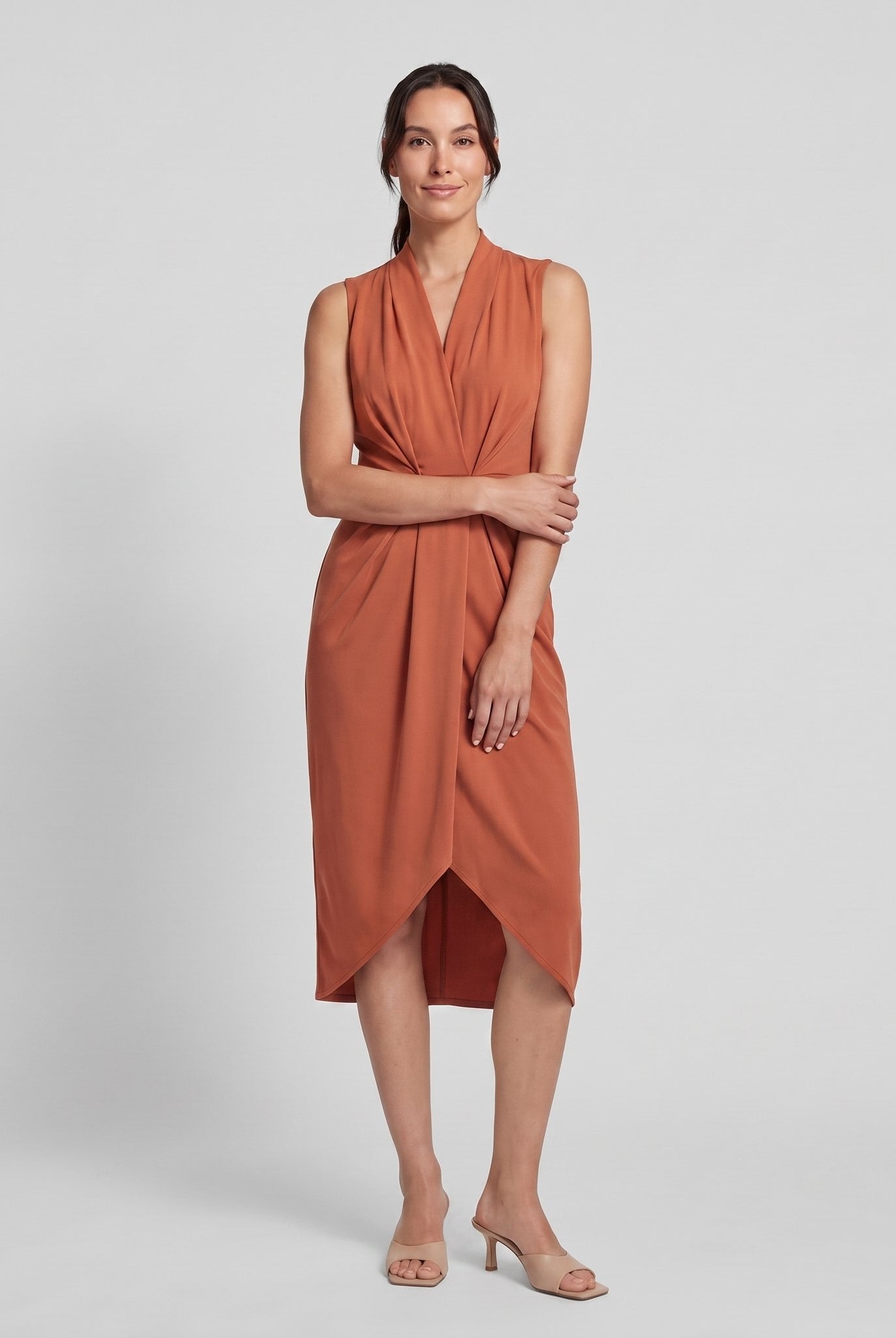 Terracotta orange sleeveless V-neck draped twist-front midi dress with side slit