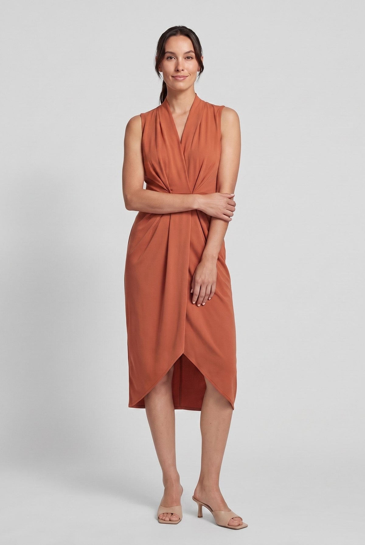Terracotta orange sleeveless V-neck draped twist-front midi dress with side slit