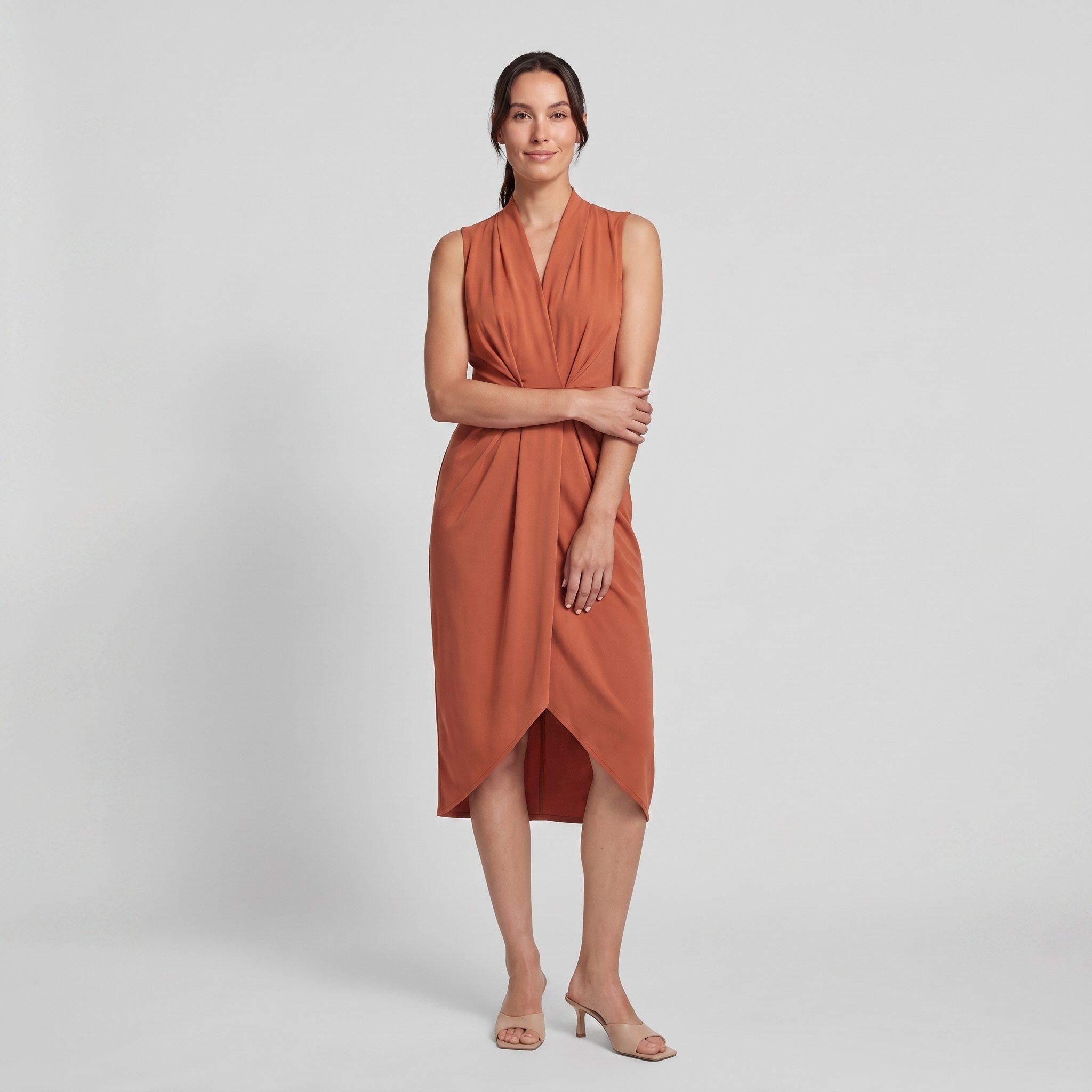 Terracotta orange sleeveless V-neck draped twist-front midi dress with side slit