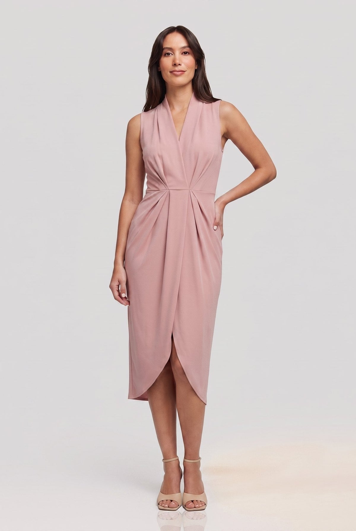 Dusty rose pink sleeveless V-neck draped twist-front midi dress with side slit