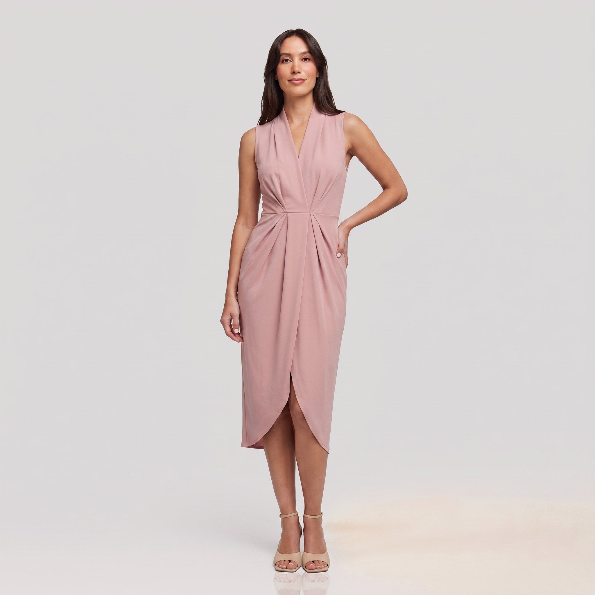 Dusty rose pink sleeveless V-neck draped twist-front midi dress with side slit
