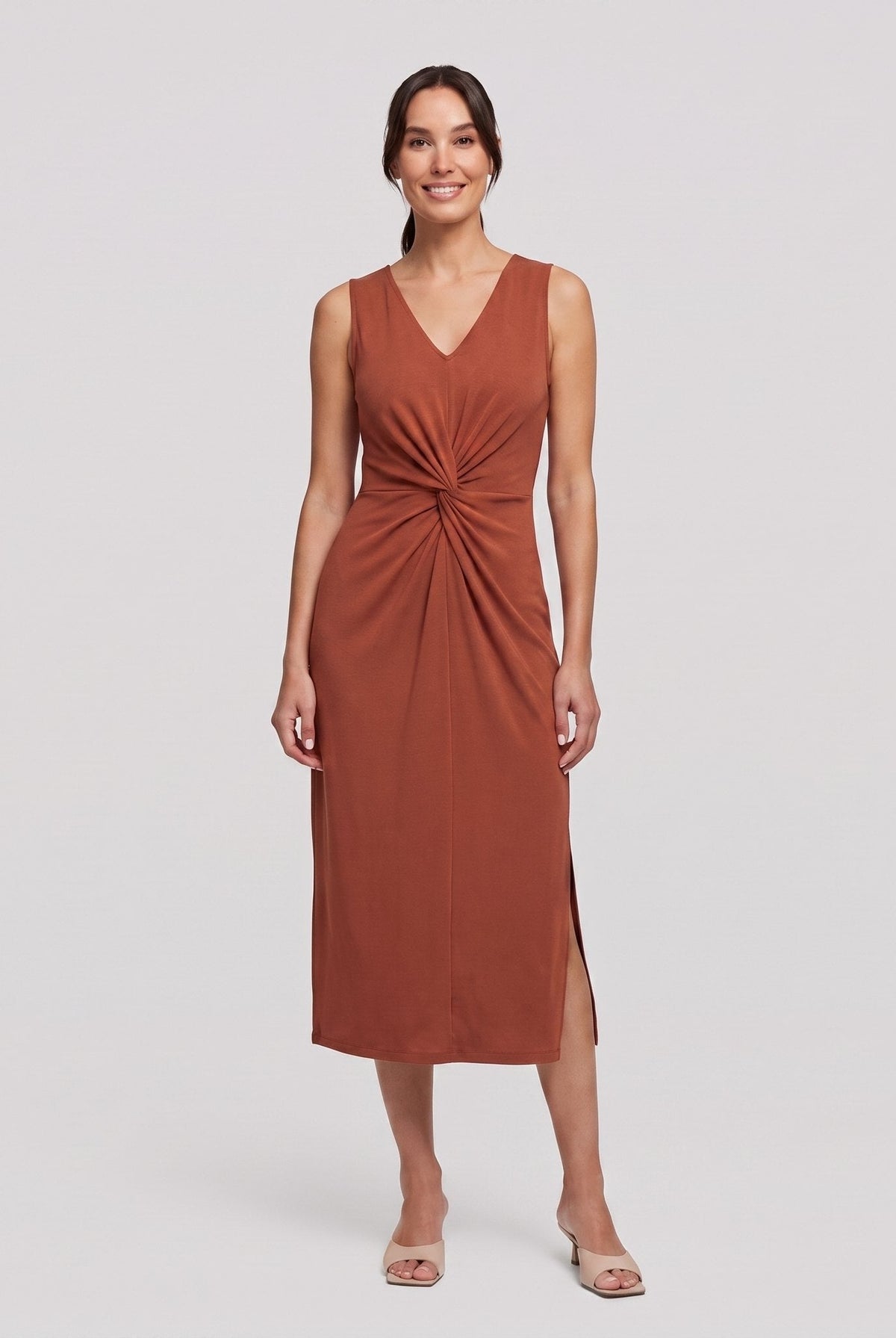 Rust brown sleeveless V-neck draped twist-front midi dress with side slit