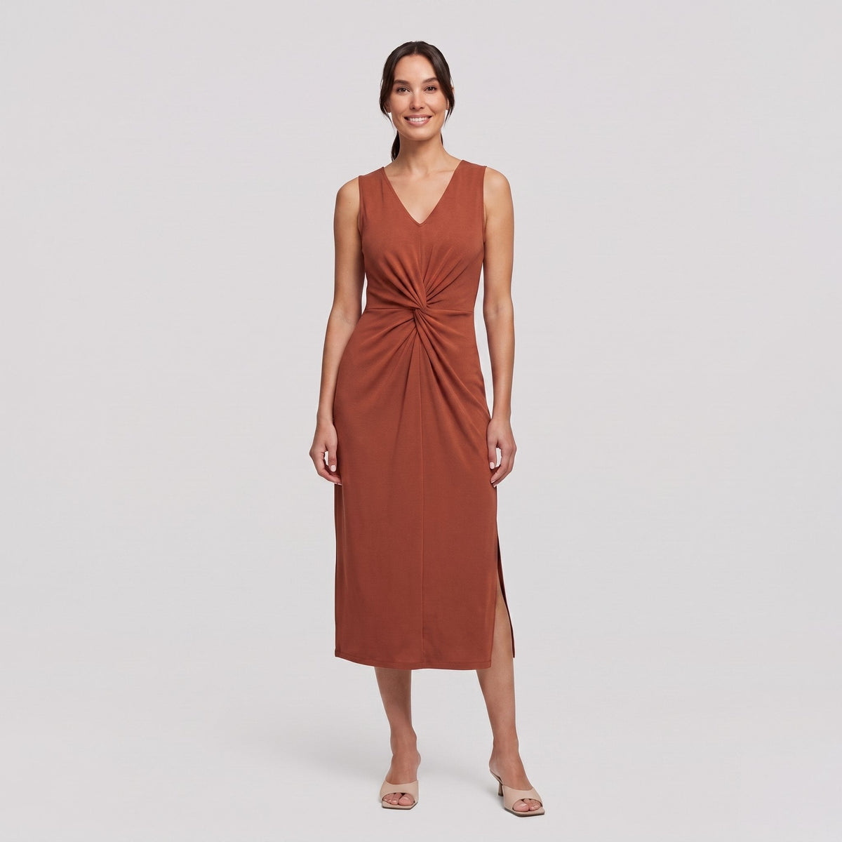 Rust brown sleeveless V-neck draped twist-front midi dress with side slit