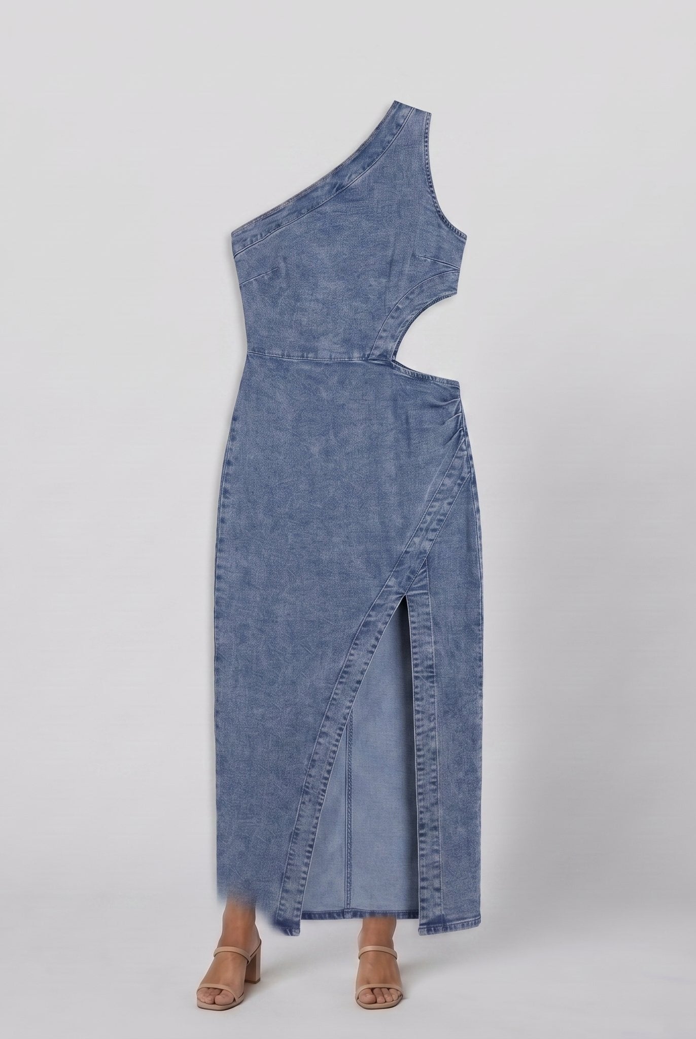 Steel blue denim one-shoulder cut-out midi dress product flat-lay