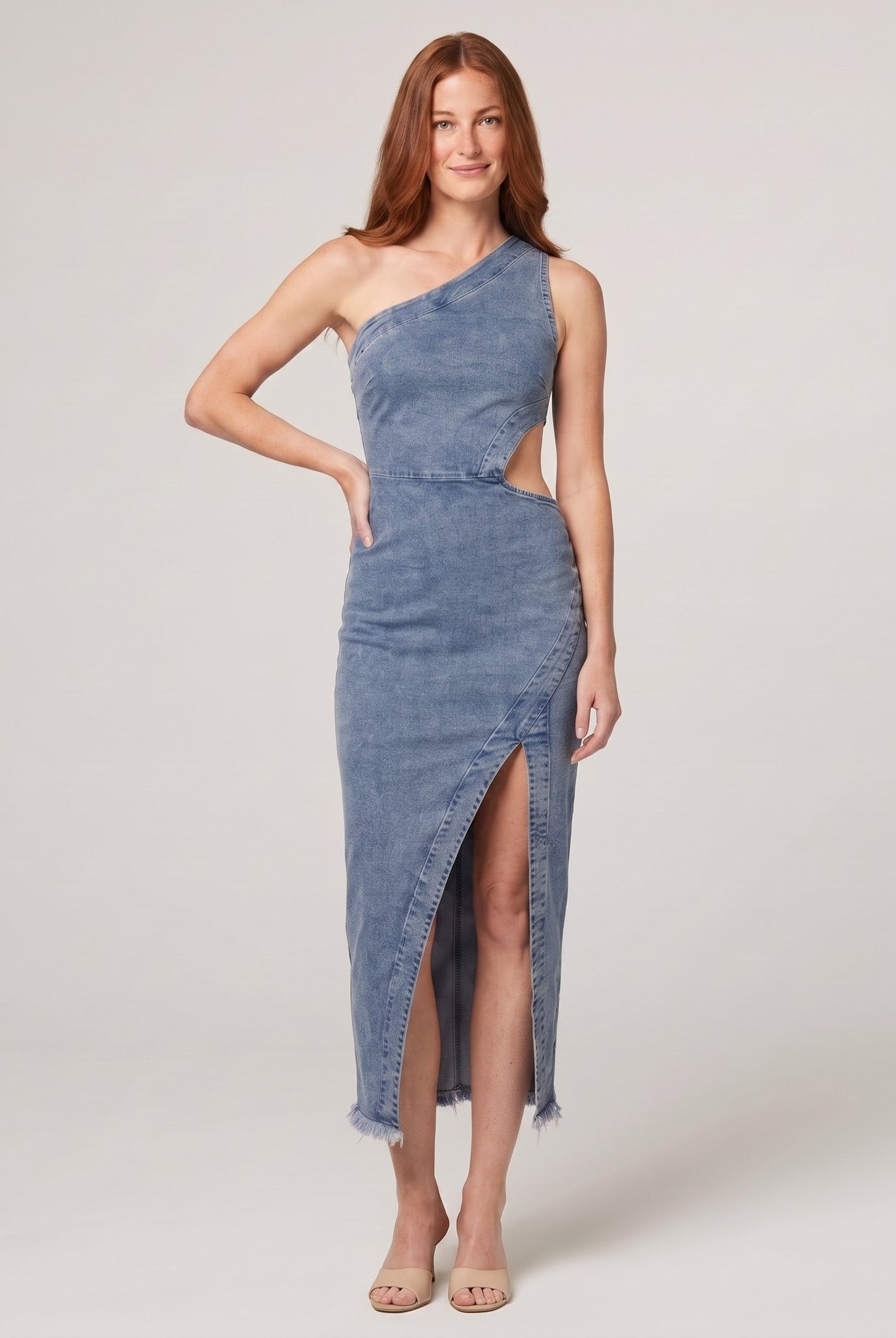 Steel blue denim one-shoulder cut-out midi dress, front