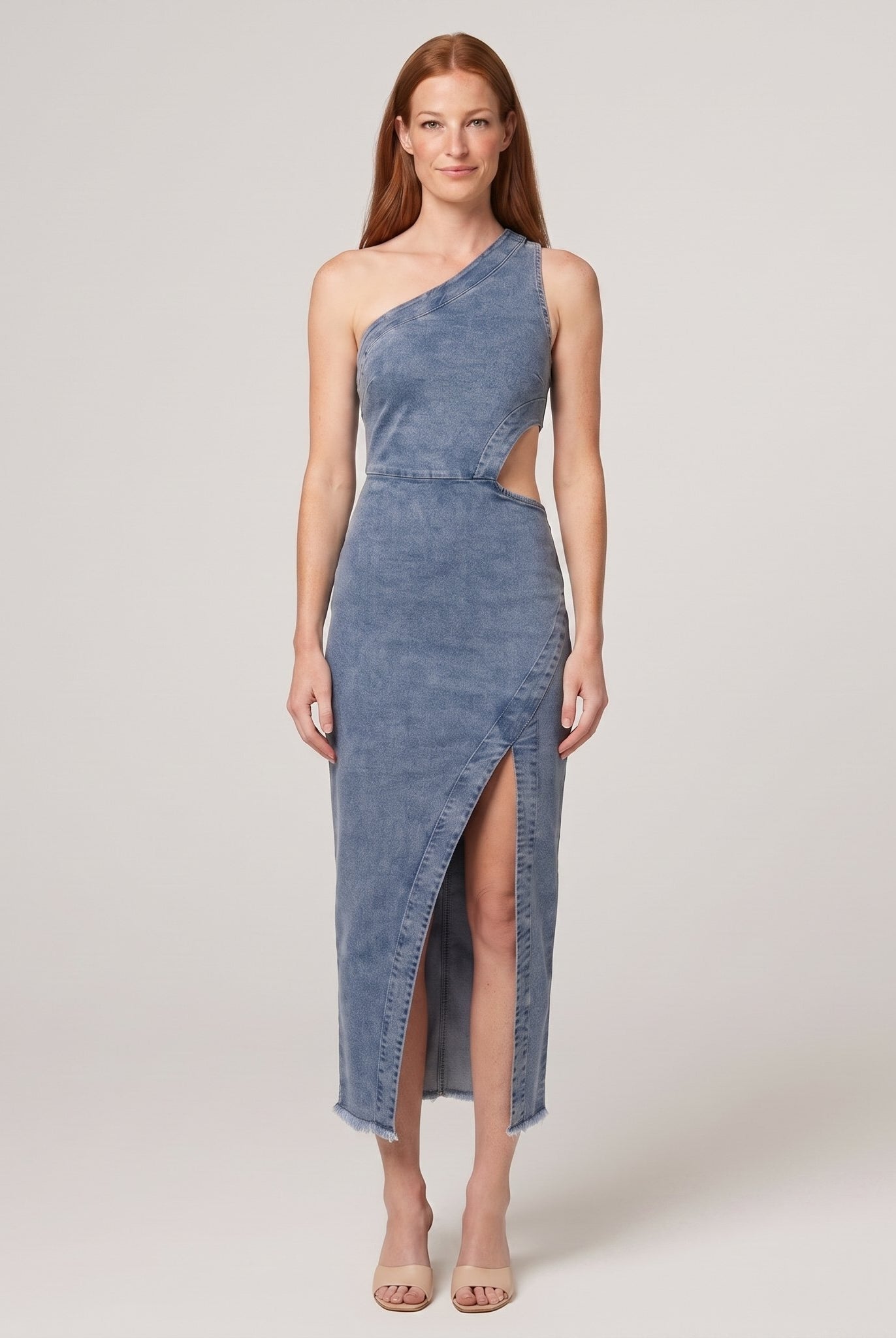 Steel blue denim one-shoulder cut-out midi dress, front view