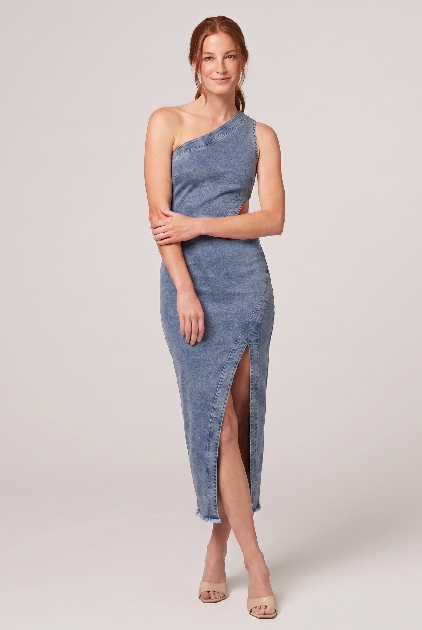 Steel blue denim one-shoulder cut-out midi dress, side