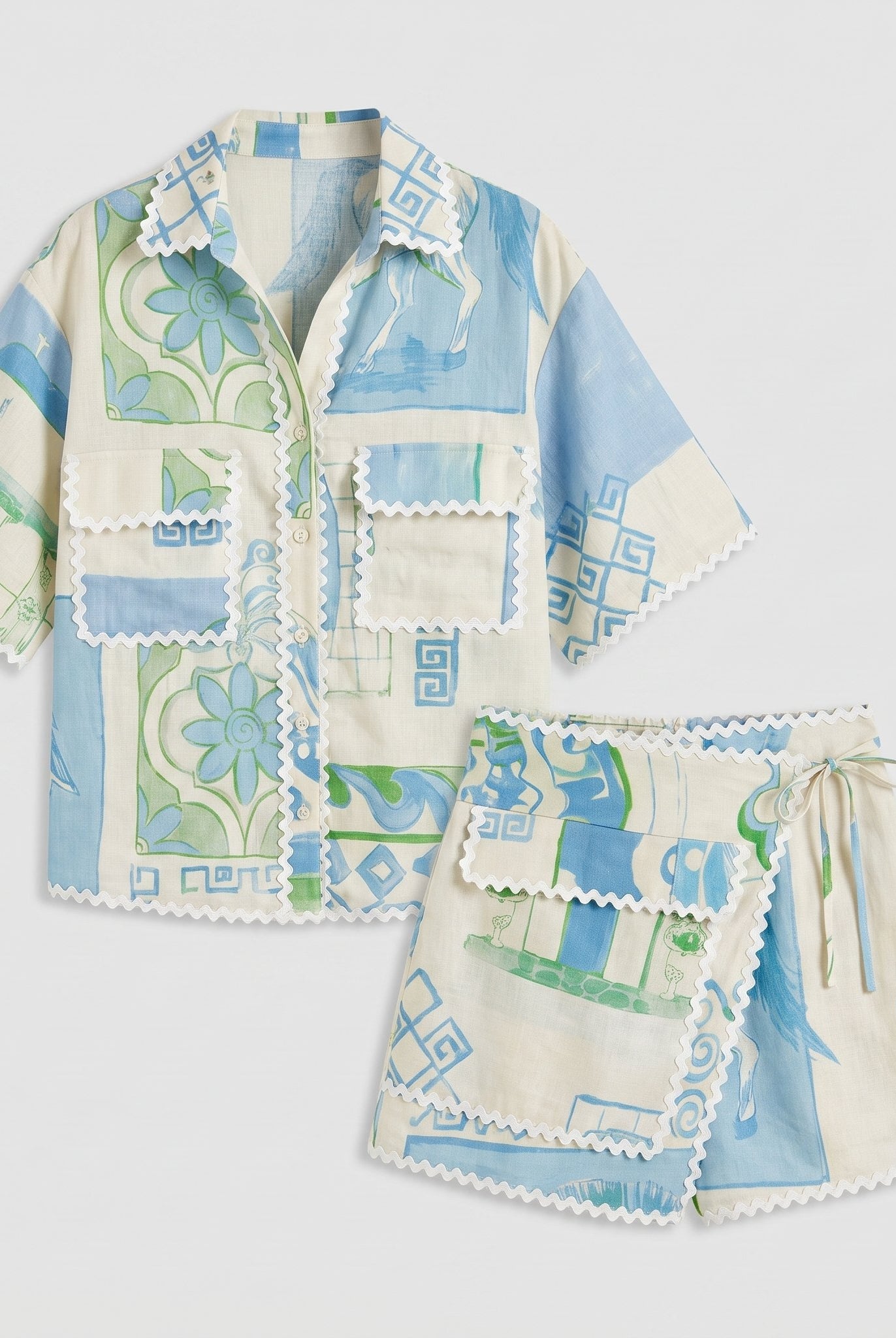 Delfina printed shirt and wrap shorts two-piece set product flat-lay