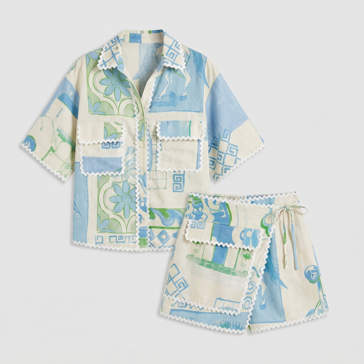 Delfina printed shirt and wrap shorts two-piece set product flat-lay