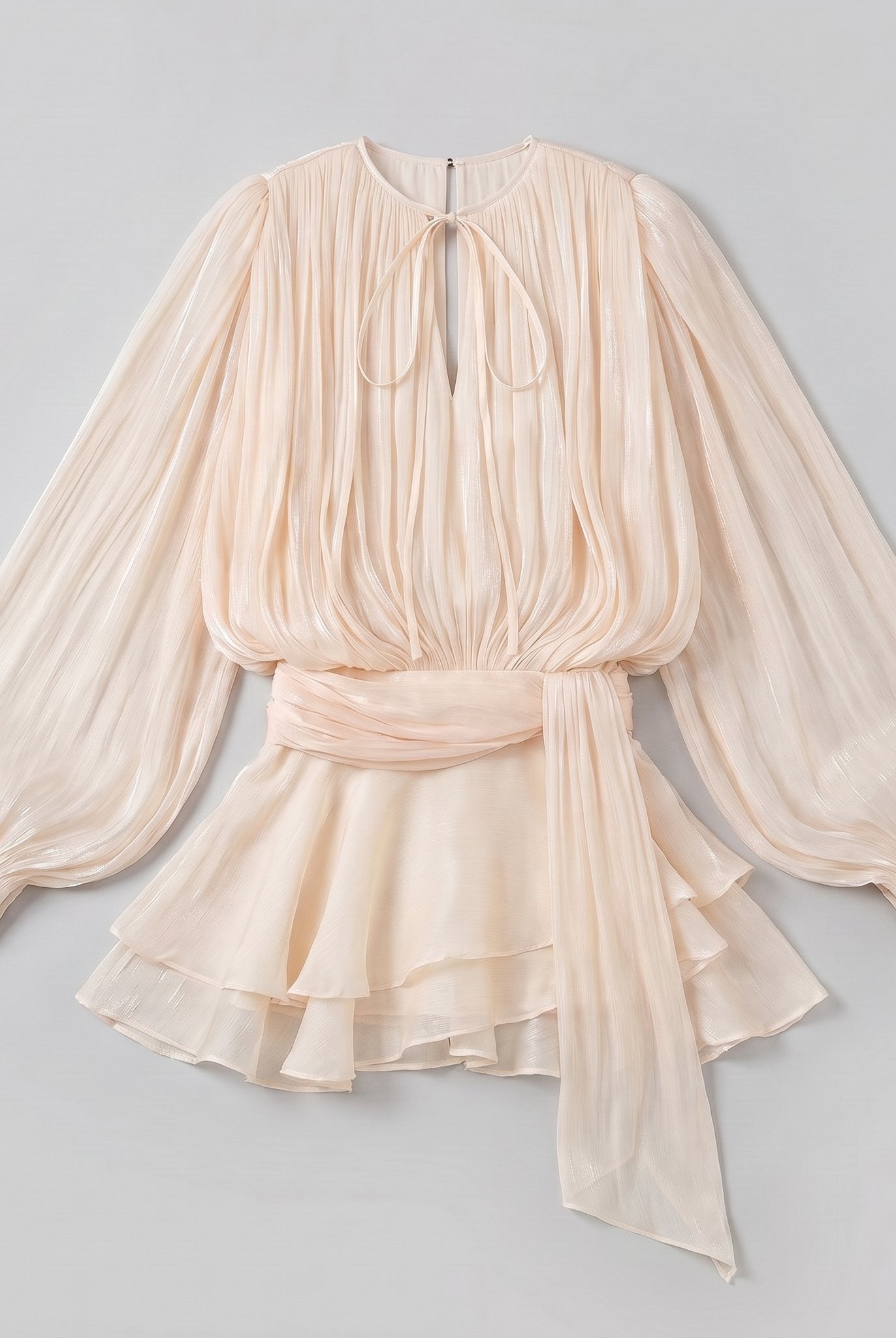 Cream ivory pleated chiffon mini dress, product flat-lay