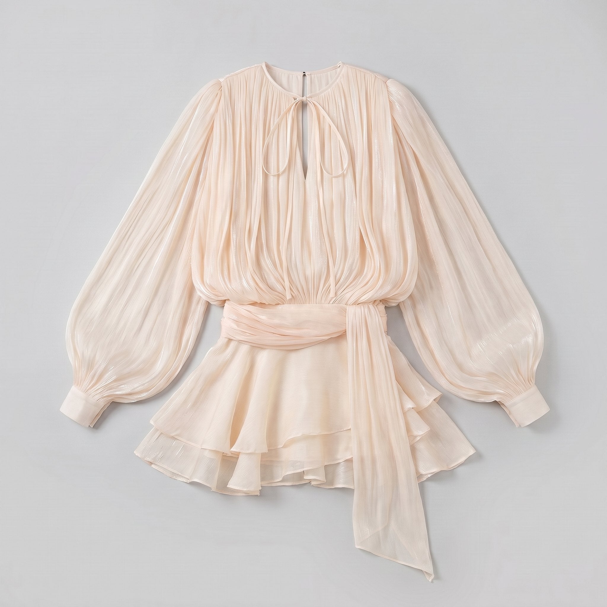 Cream ivory pleated chiffon mini dress, product flat-lay