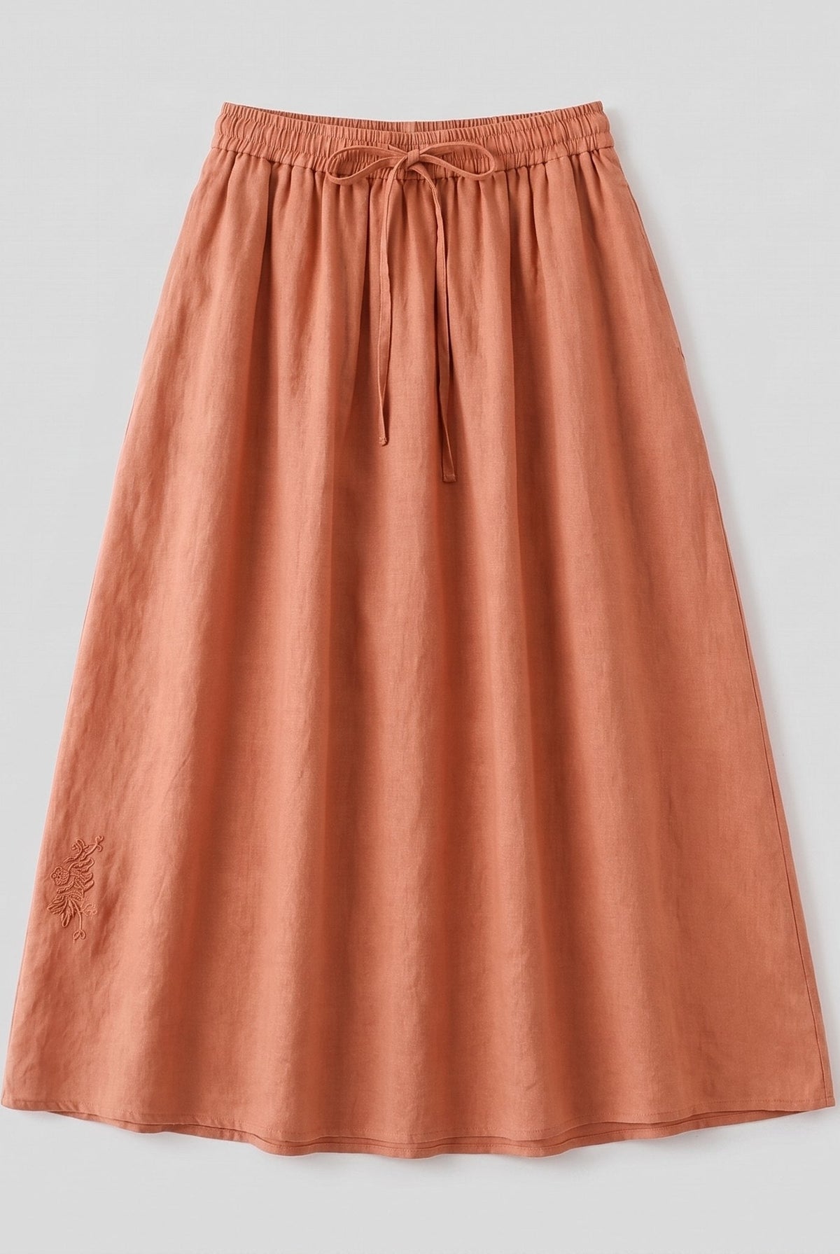 Peach linen A-line drawstring skirt, product flat-lay