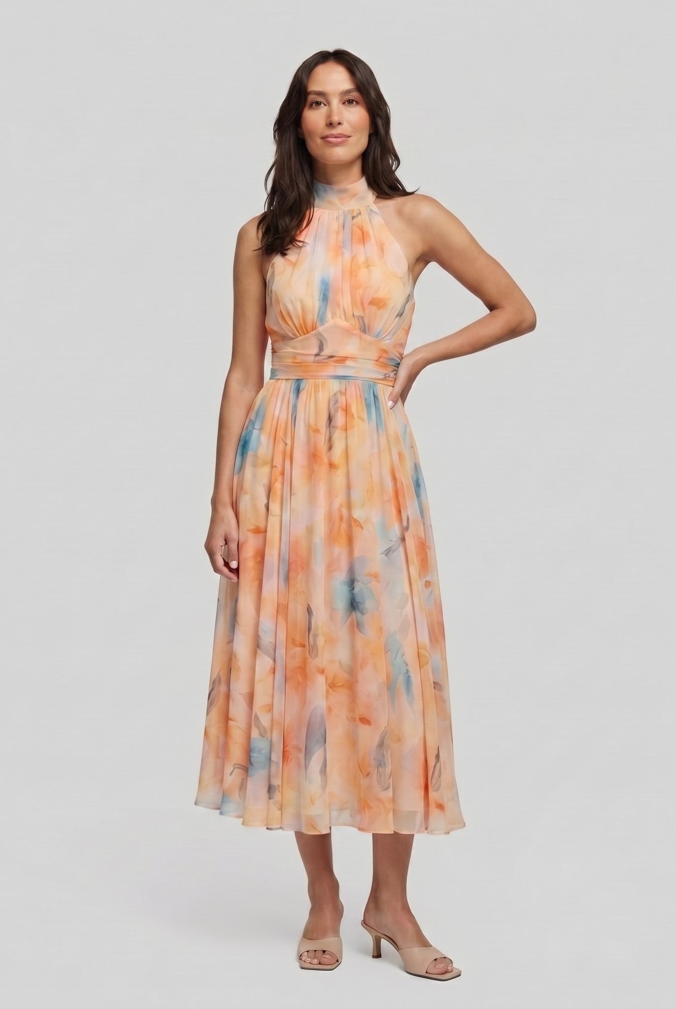 Elysian multicolor halter midi dress, full length