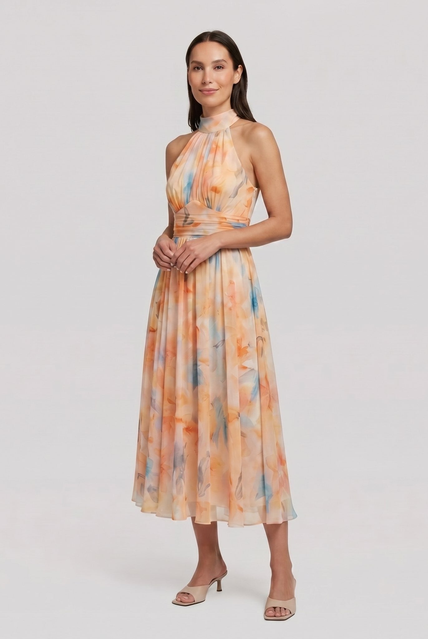 Elysian multicolor halter midi dress, three quarter view