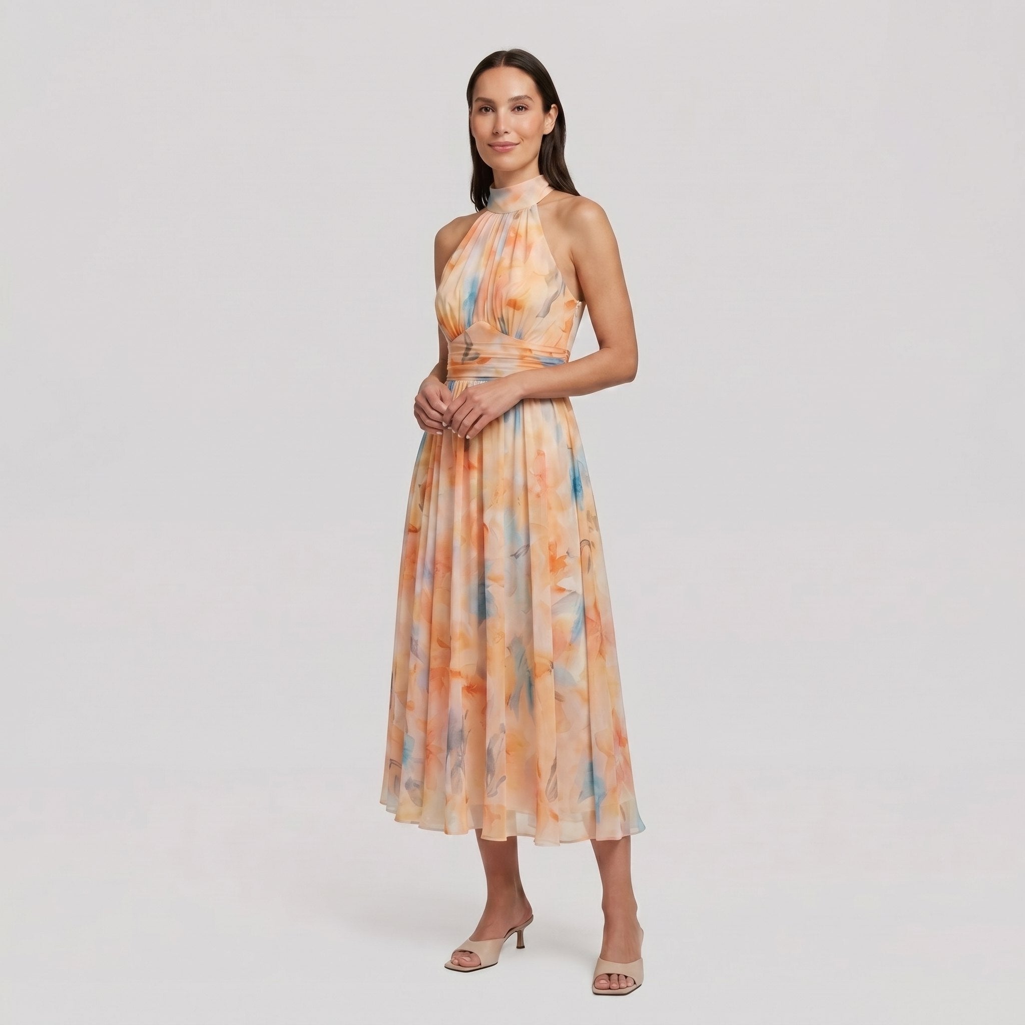 Elysian multicolor halter midi dress, three quarter view