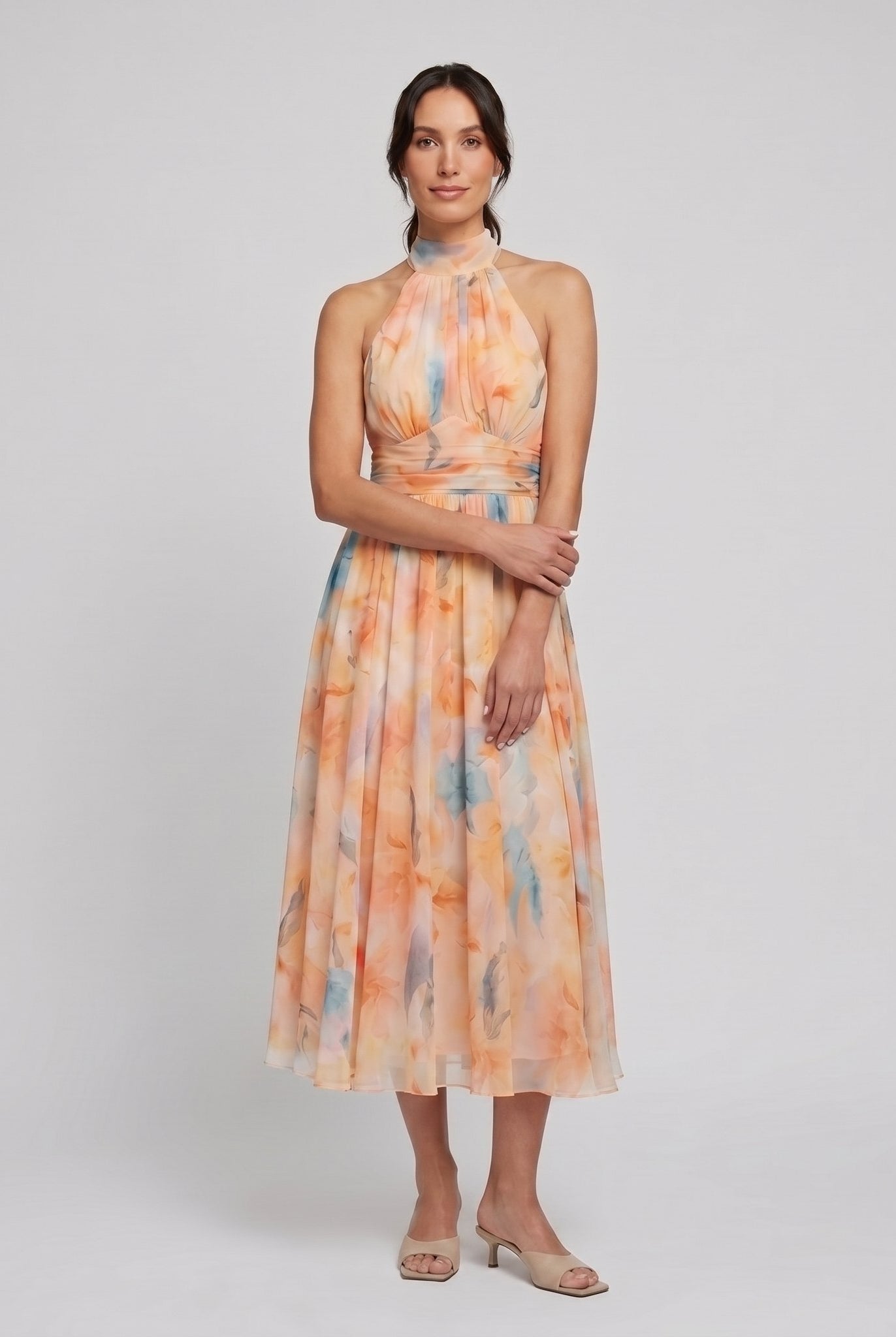 Elysian multicolor halter midi dress, front view