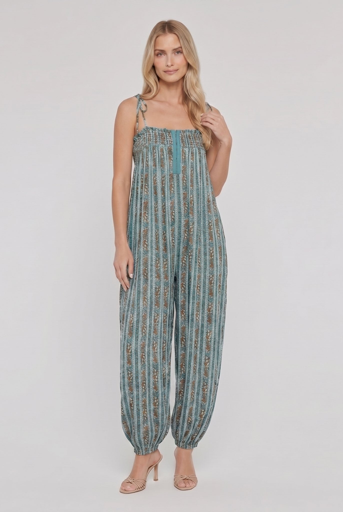 Elysian Womens Romper in teal blue striped paisley print - boho jumpsuit on model
