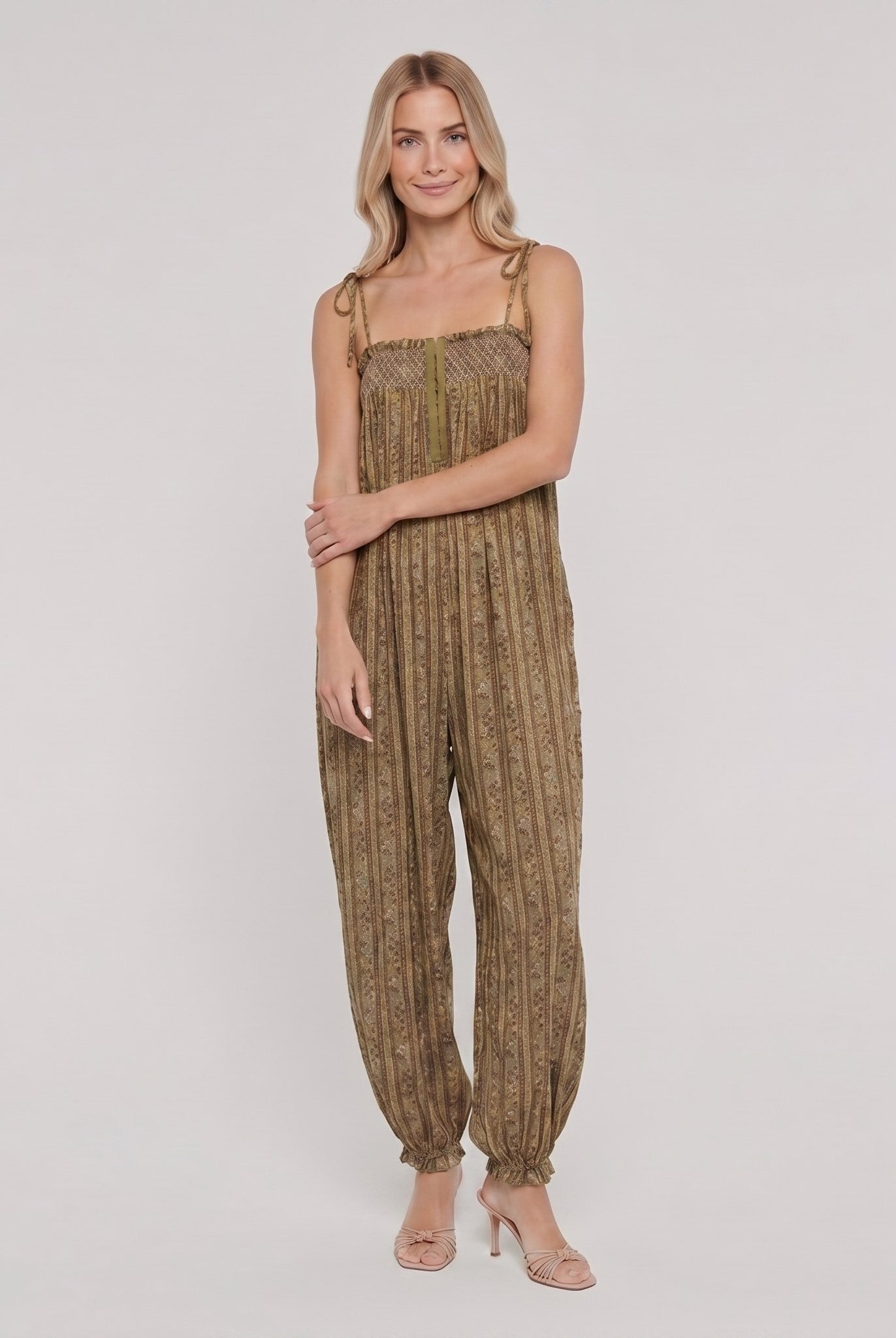 Elysian Womens Romper in olive khaki brown striped paisley print - boho jumpsuit on model
