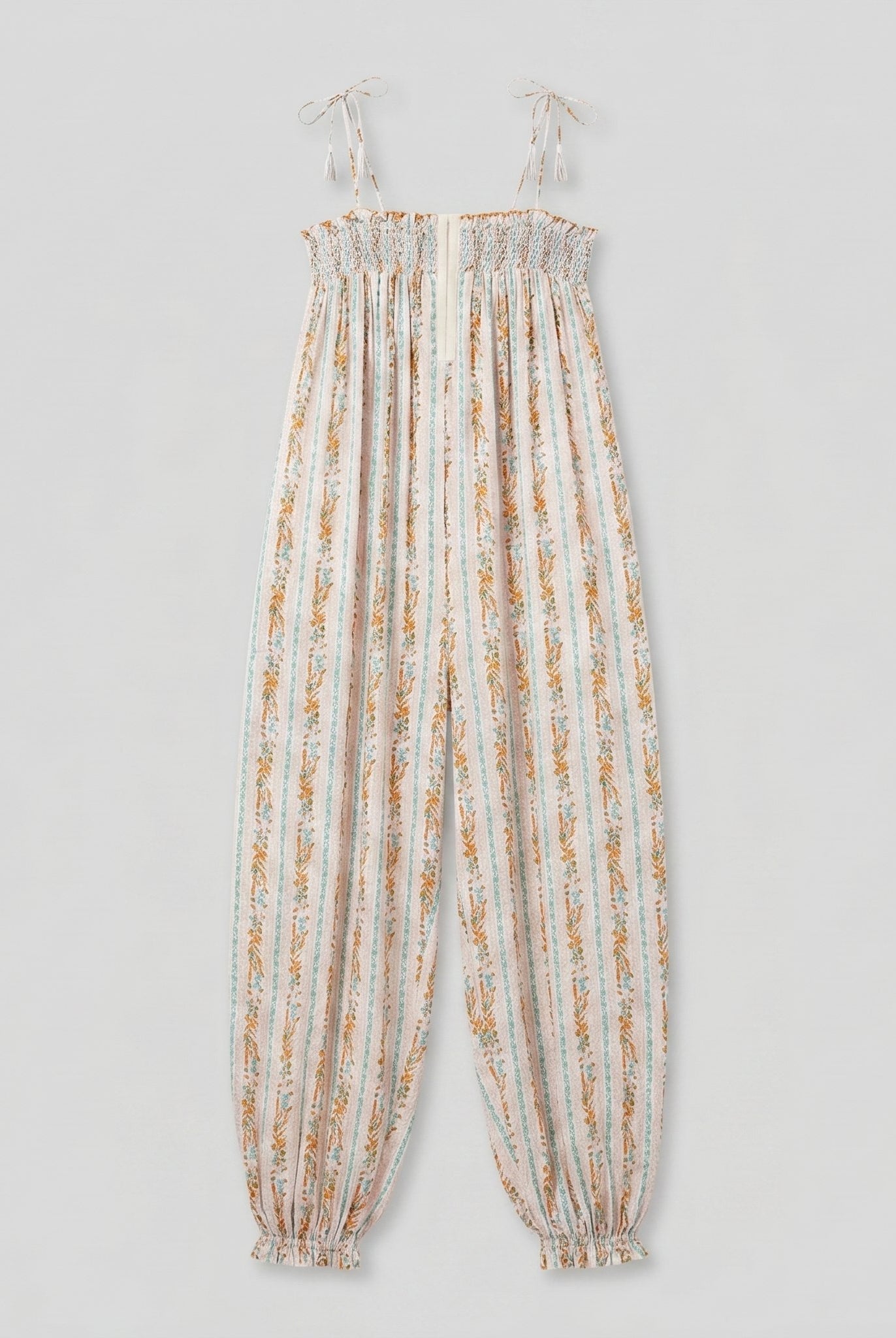 Elysian Womens Romper product flat-lay - cream white striped paisley boho jumpsuit detail