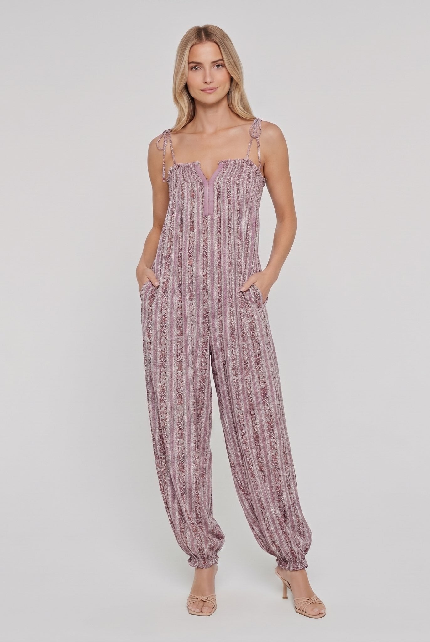 Elysian Womens Romper in lavender lilac striped paisley print - boho jumpsuit on model