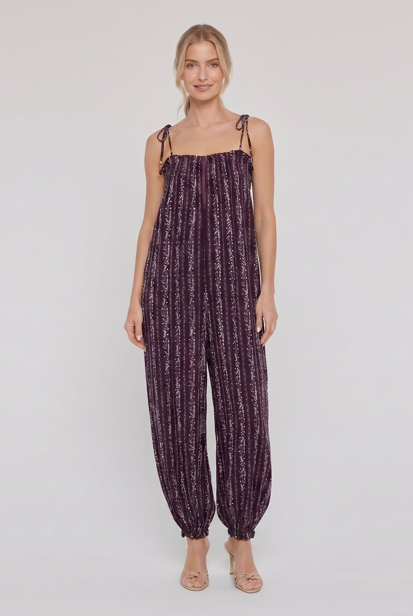 Elysian Womens Romper in deep purple aubergine striped paisley print - boho jumpsuit on model