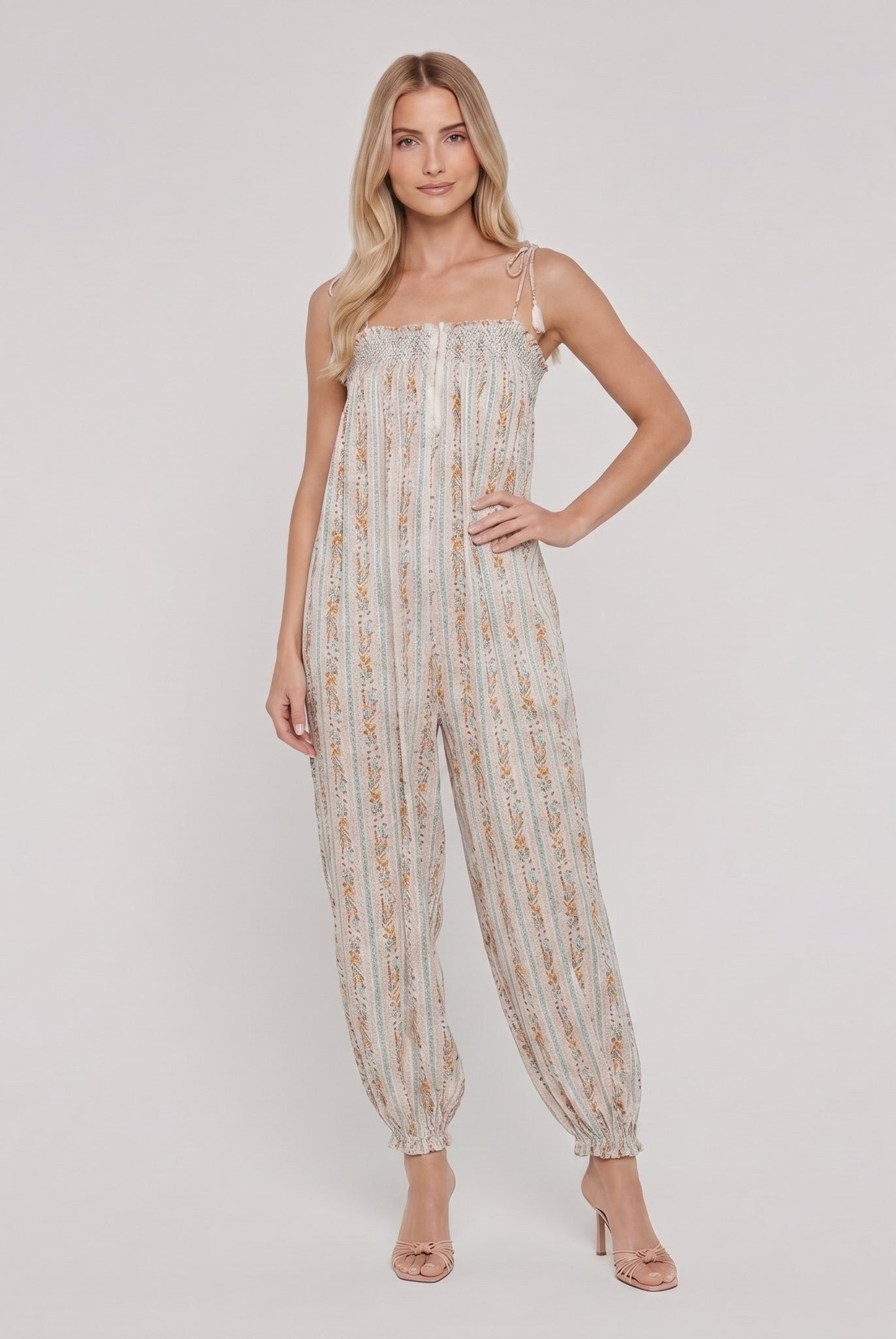 Elysian Womens Romper in cream white striped paisley print - boho jumpsuit on model