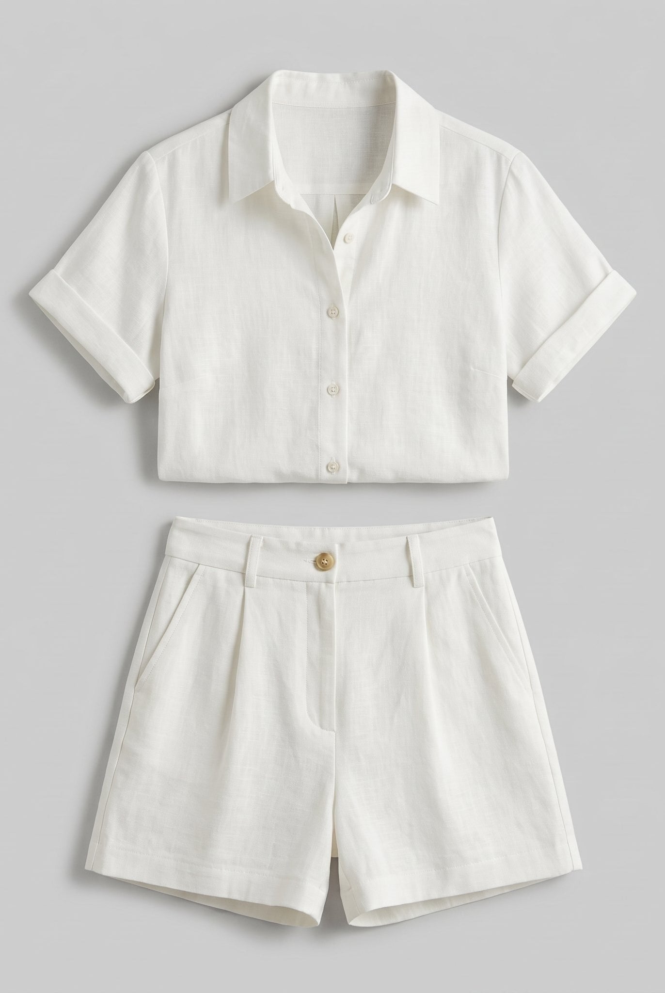 White linen camp-collar shirt and high-waist shorts set, product flat-lay