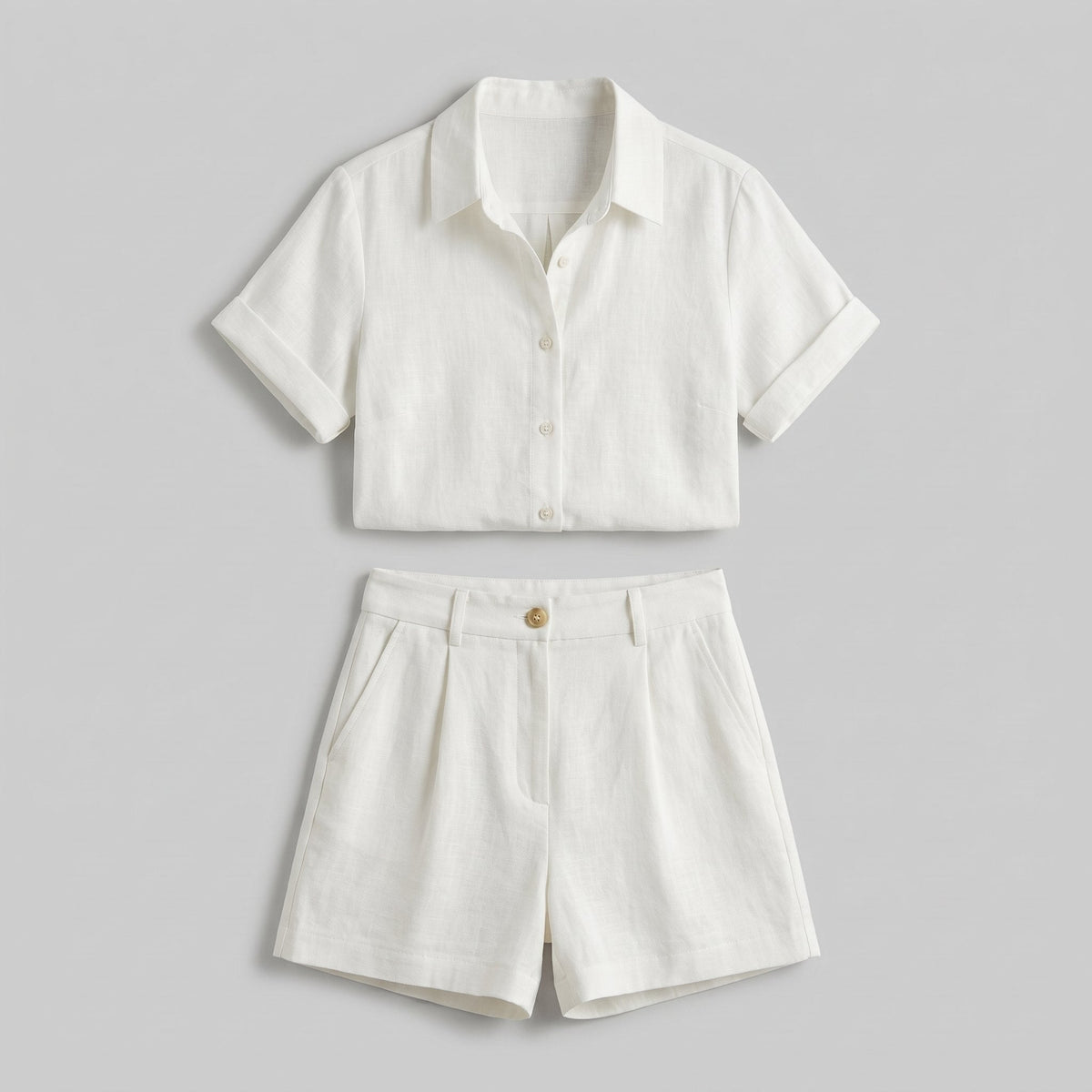 White linen camp-collar shirt and high-waist shorts set, product flat-lay