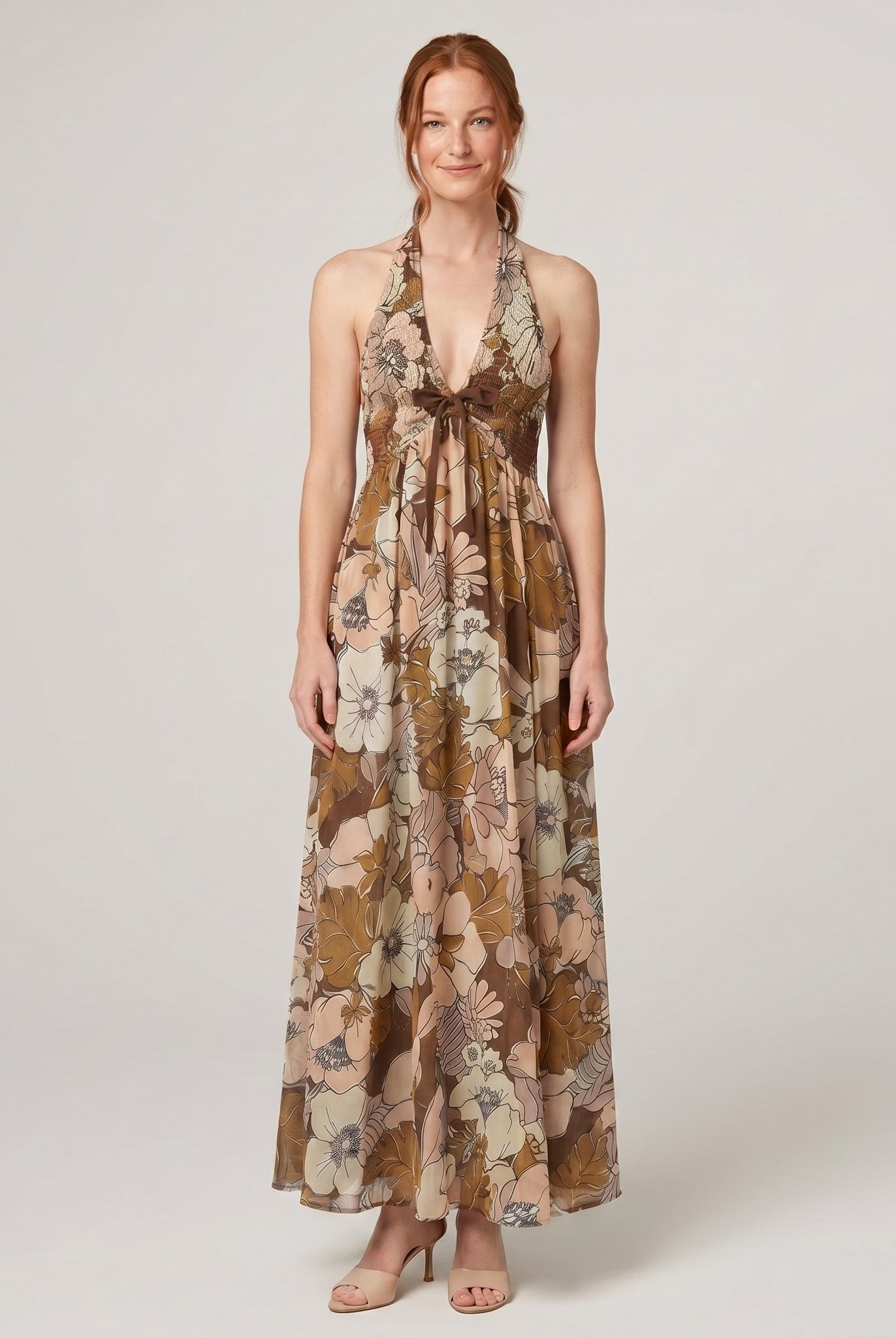 Fiona Maxi Dress in Autumn floral print - warm brown and tan halter-neck maxi dress on model