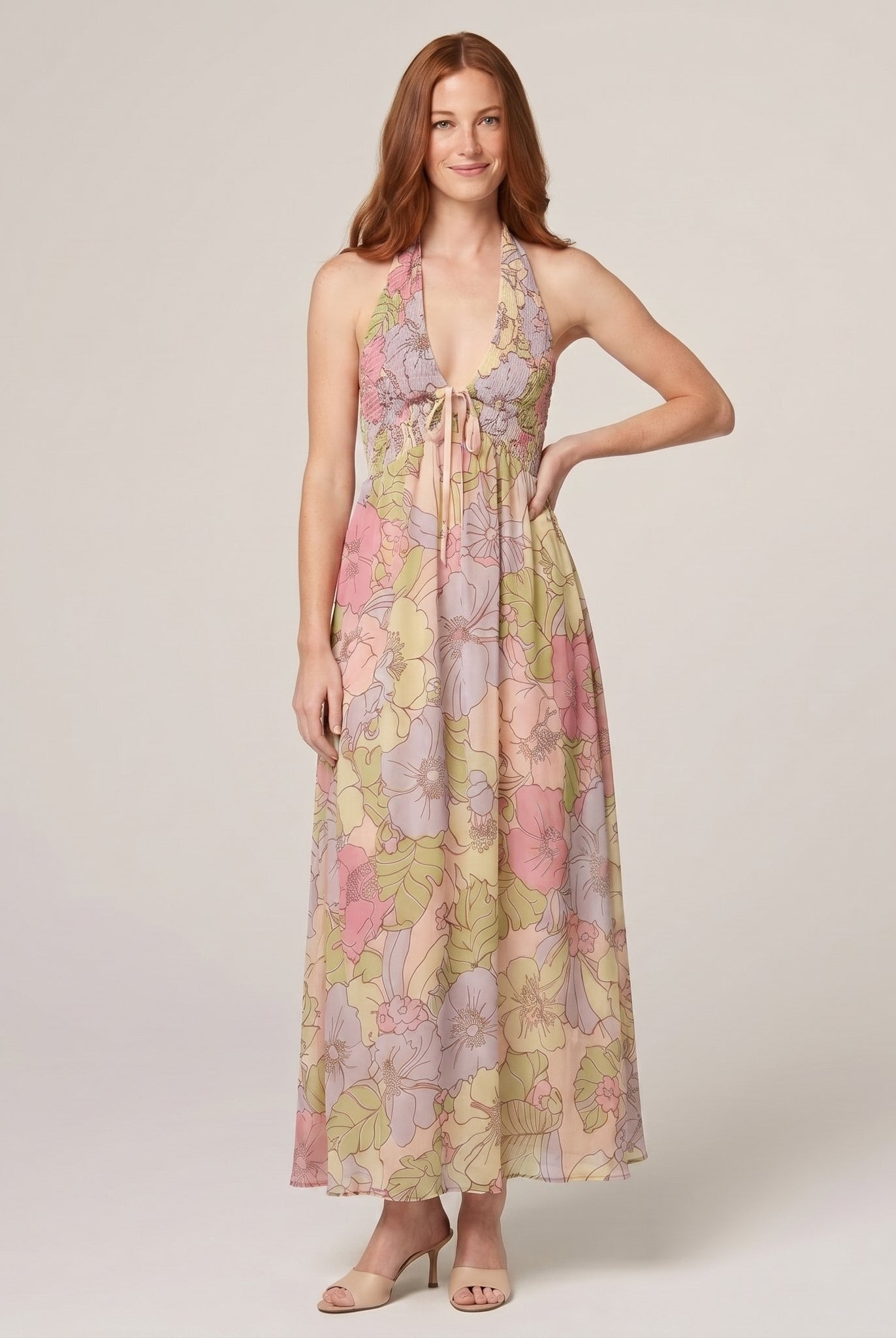 Fiona Maxi Dress in Garden floral print - pastel pink, lilac and yellow halter-neck maxi dress on model
