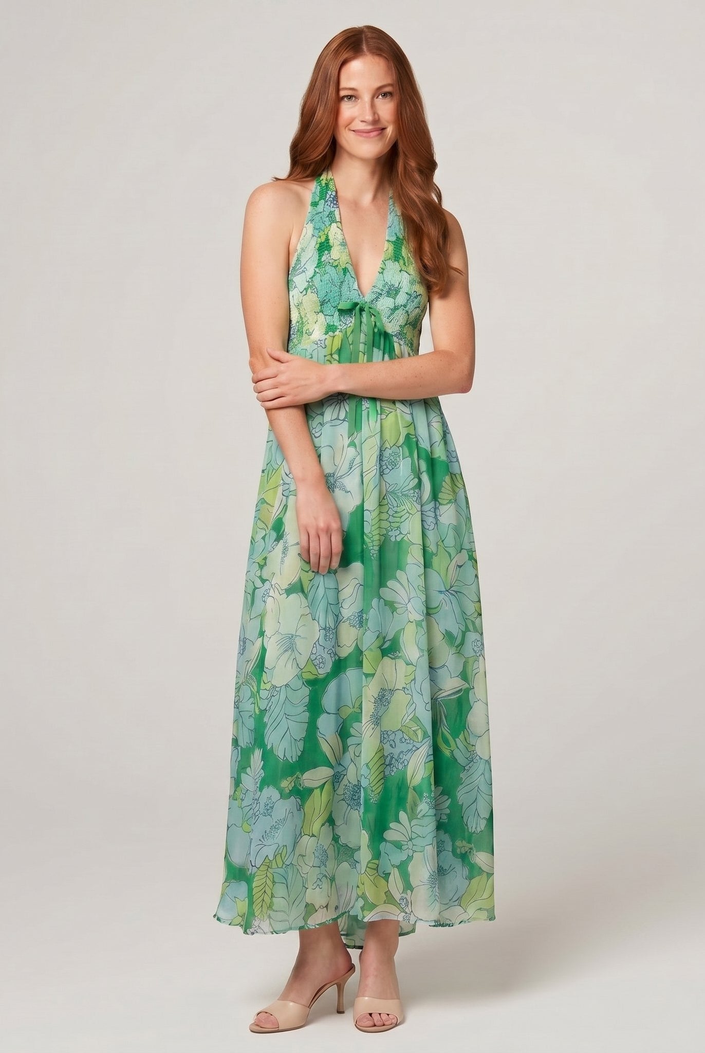 Fiona Maxi Dress in Ivy floral print - green halter-neck maxi dress on model