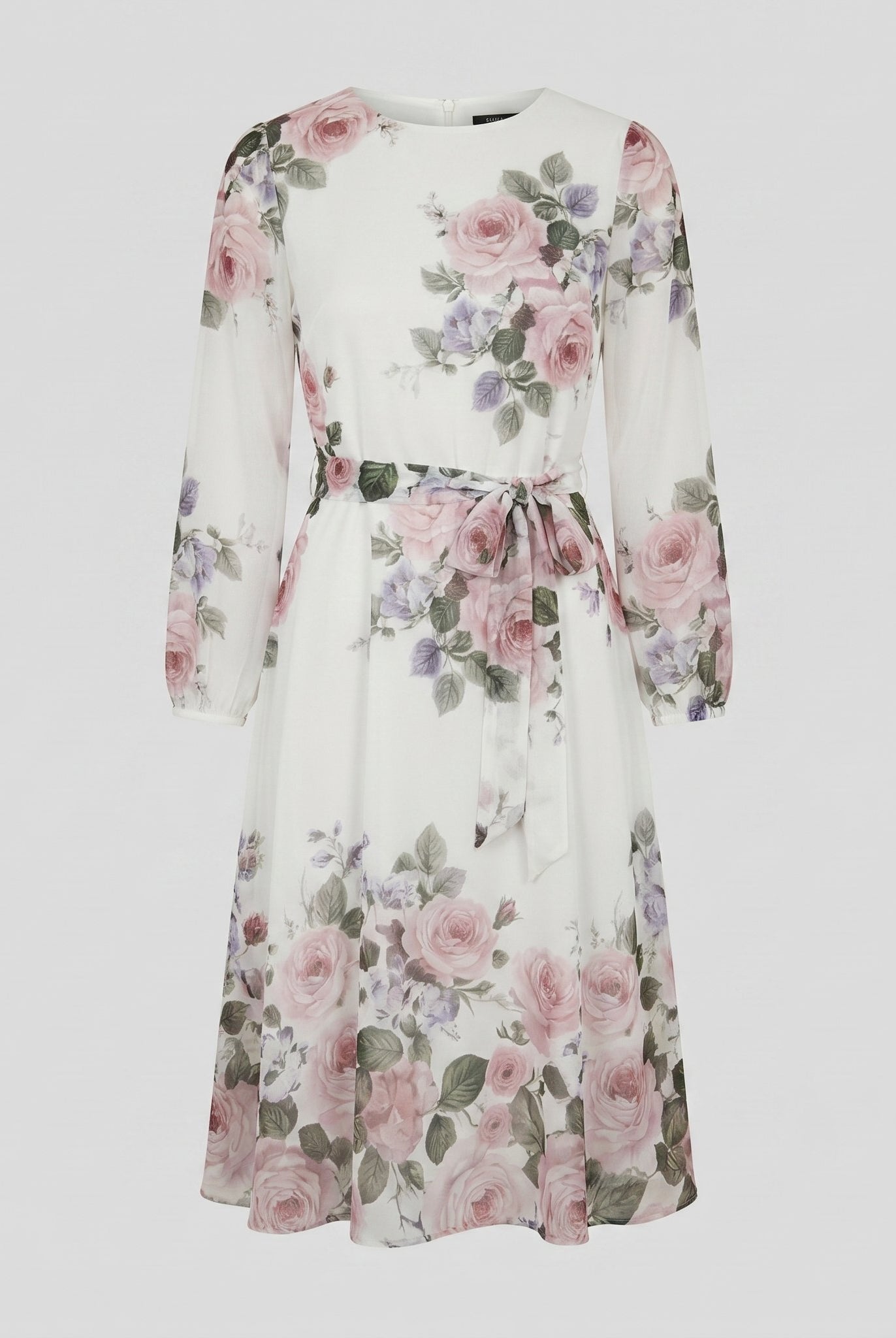 White floral A-line midi dress with tie belt product flat-lay