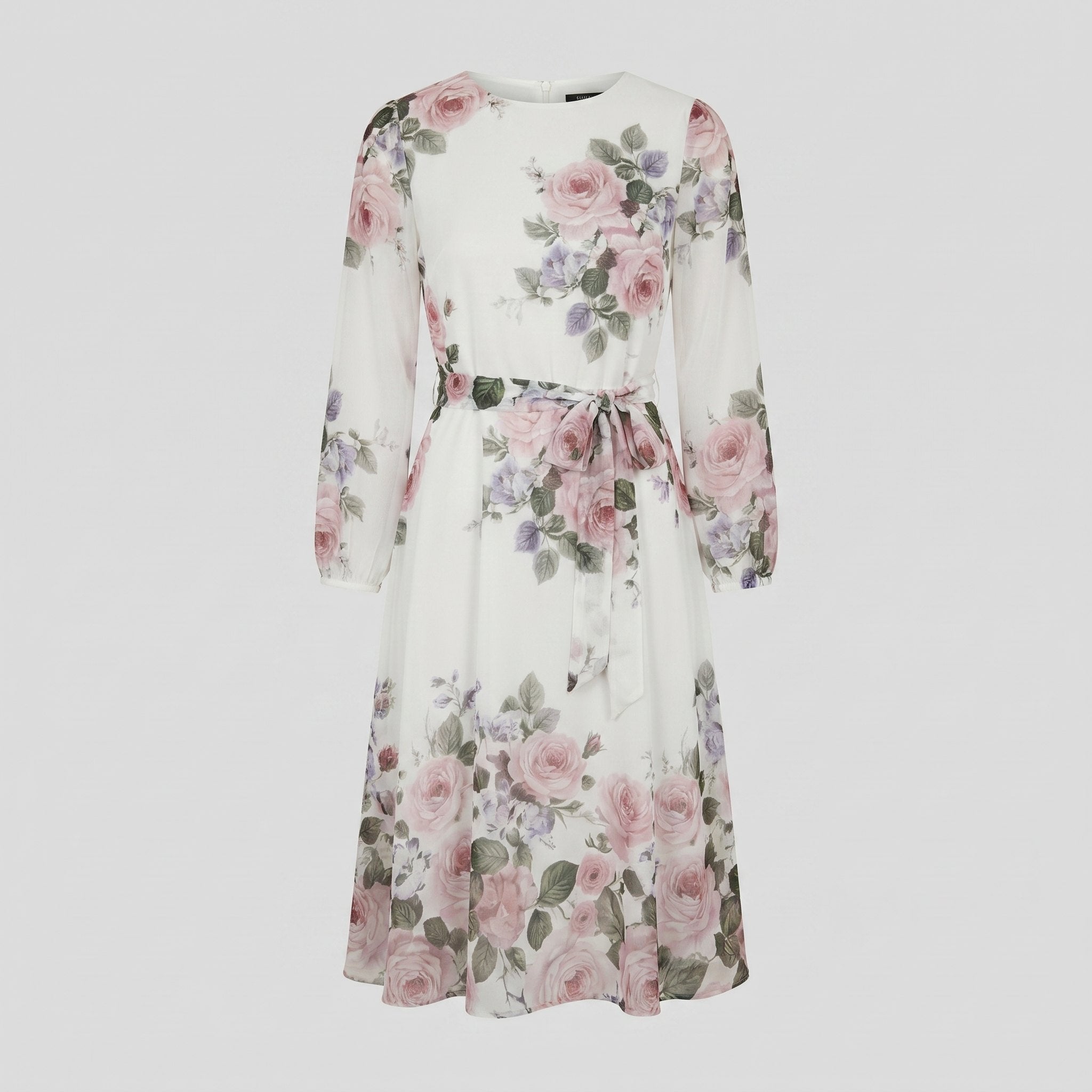 White floral A-line midi dress with tie belt product flat-lay