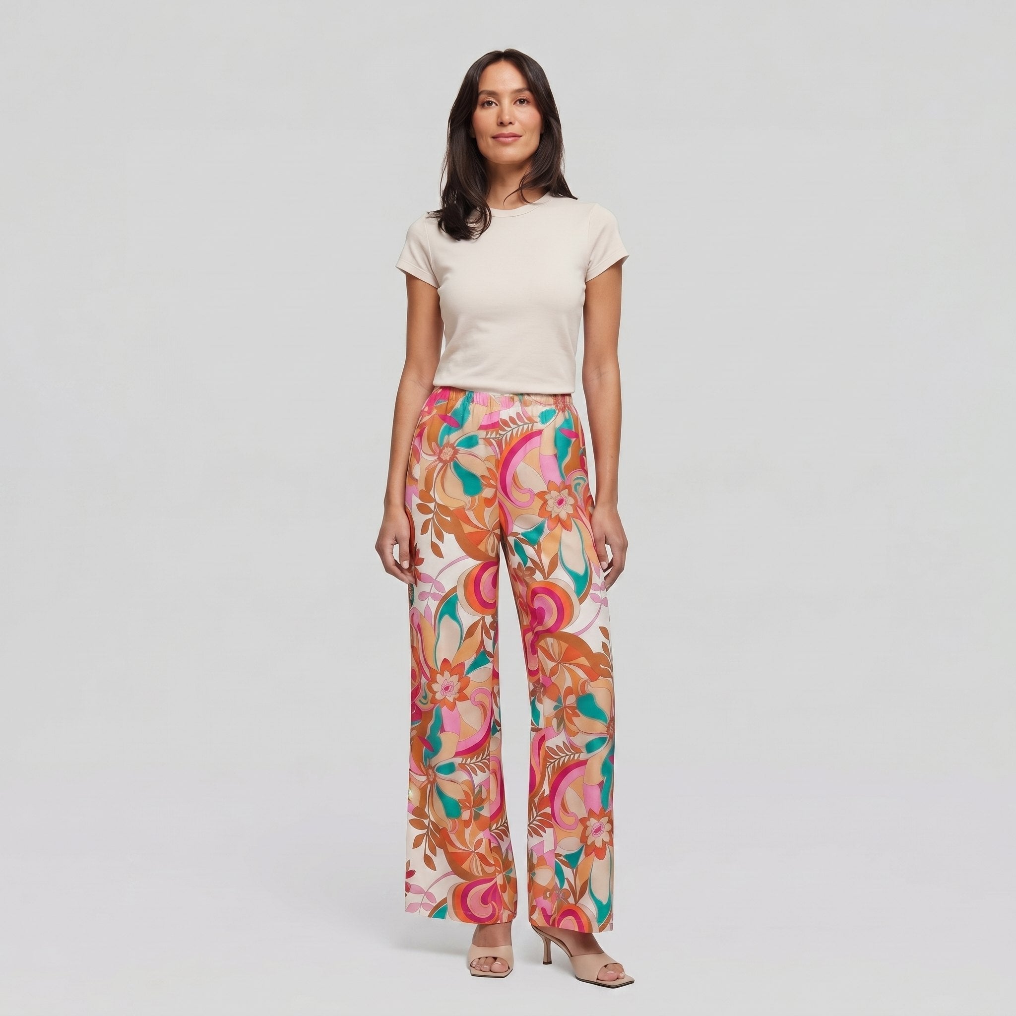 Pamela Boutique pink floral wide-leg flared trousers, model view
