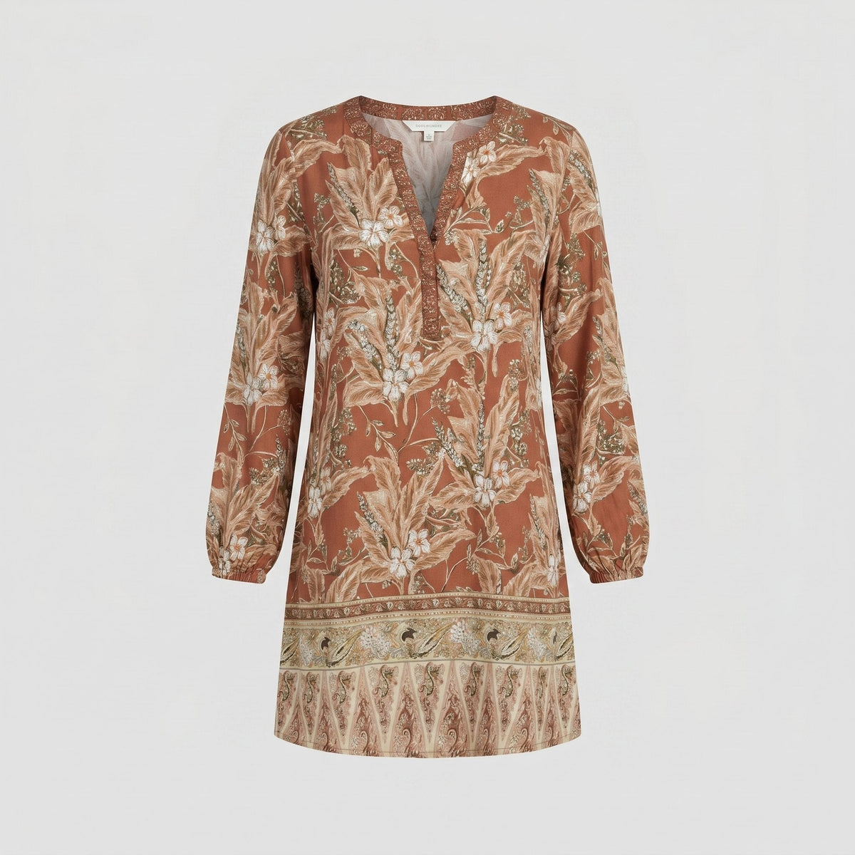 Brown floral V-neck long-sleeve shift mini dress product flat-lay