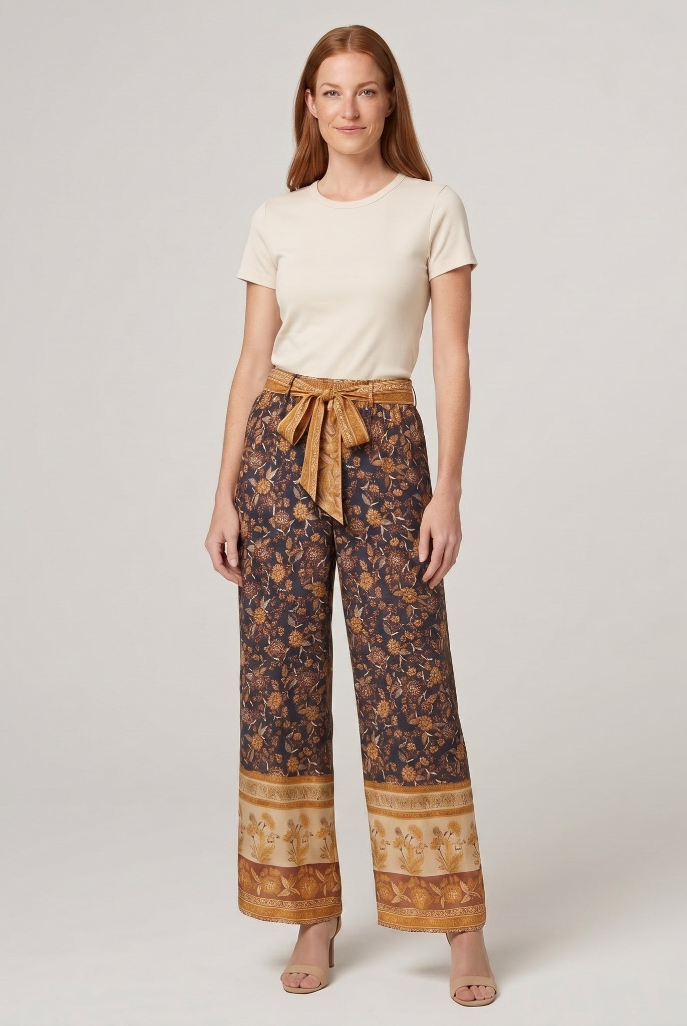 Pamela Boutique brown floral wide-leg trousers, model view