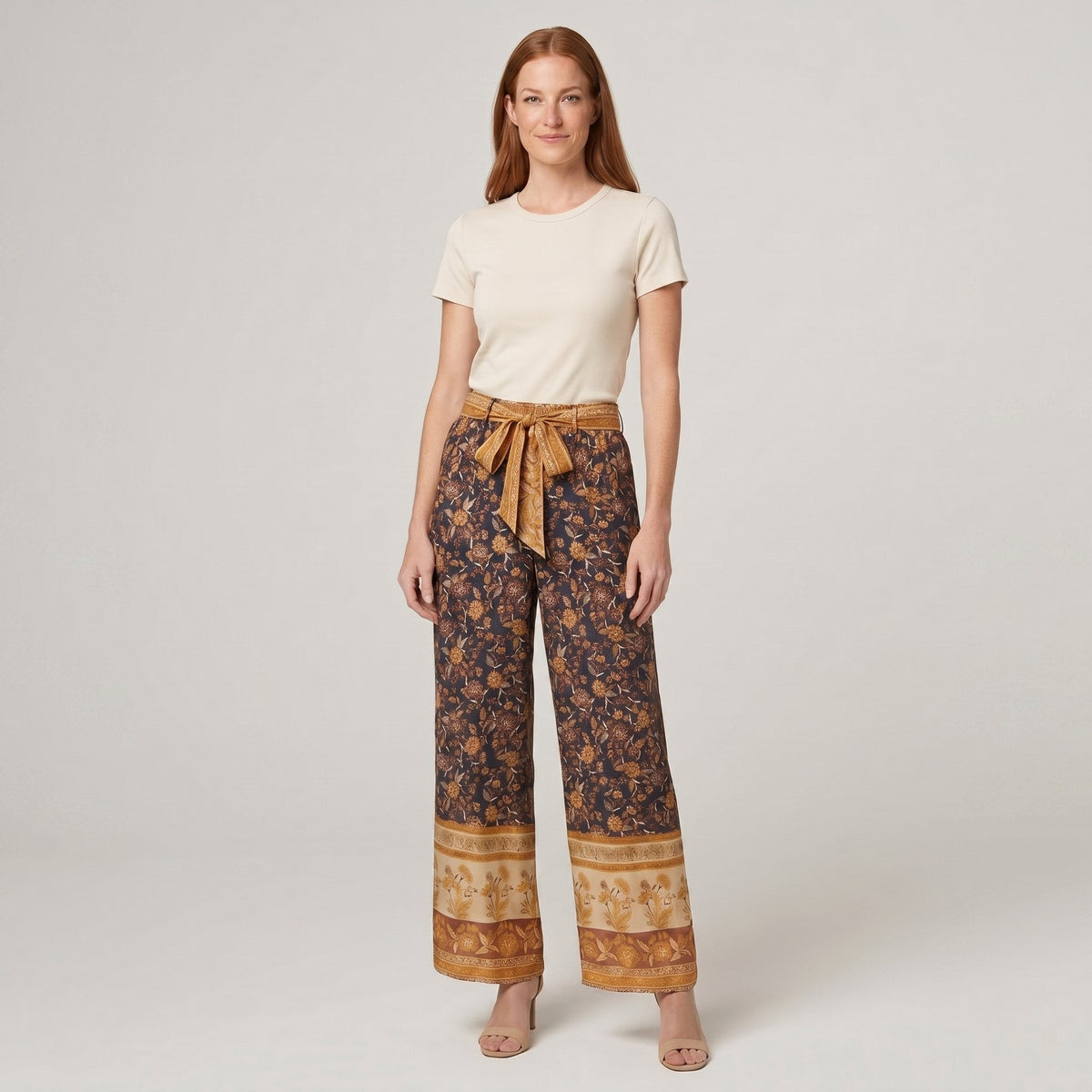 Pamela Boutique brown floral wide-leg trousers, model view