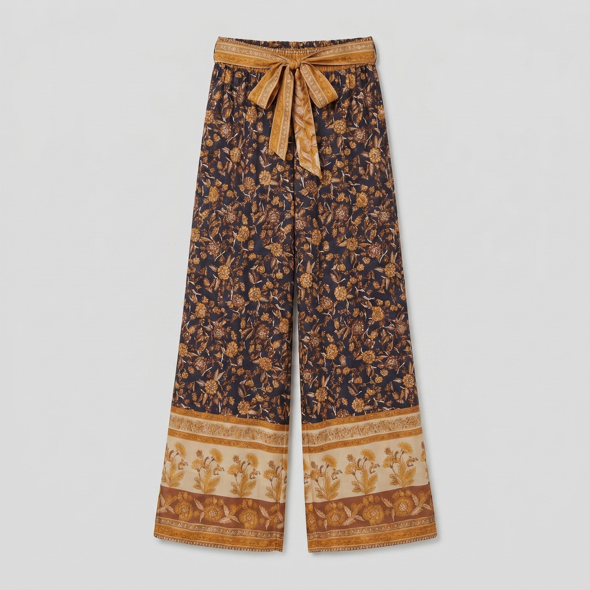 Pamela Boutique brown floral wide-leg trousers with tie belt, product detail