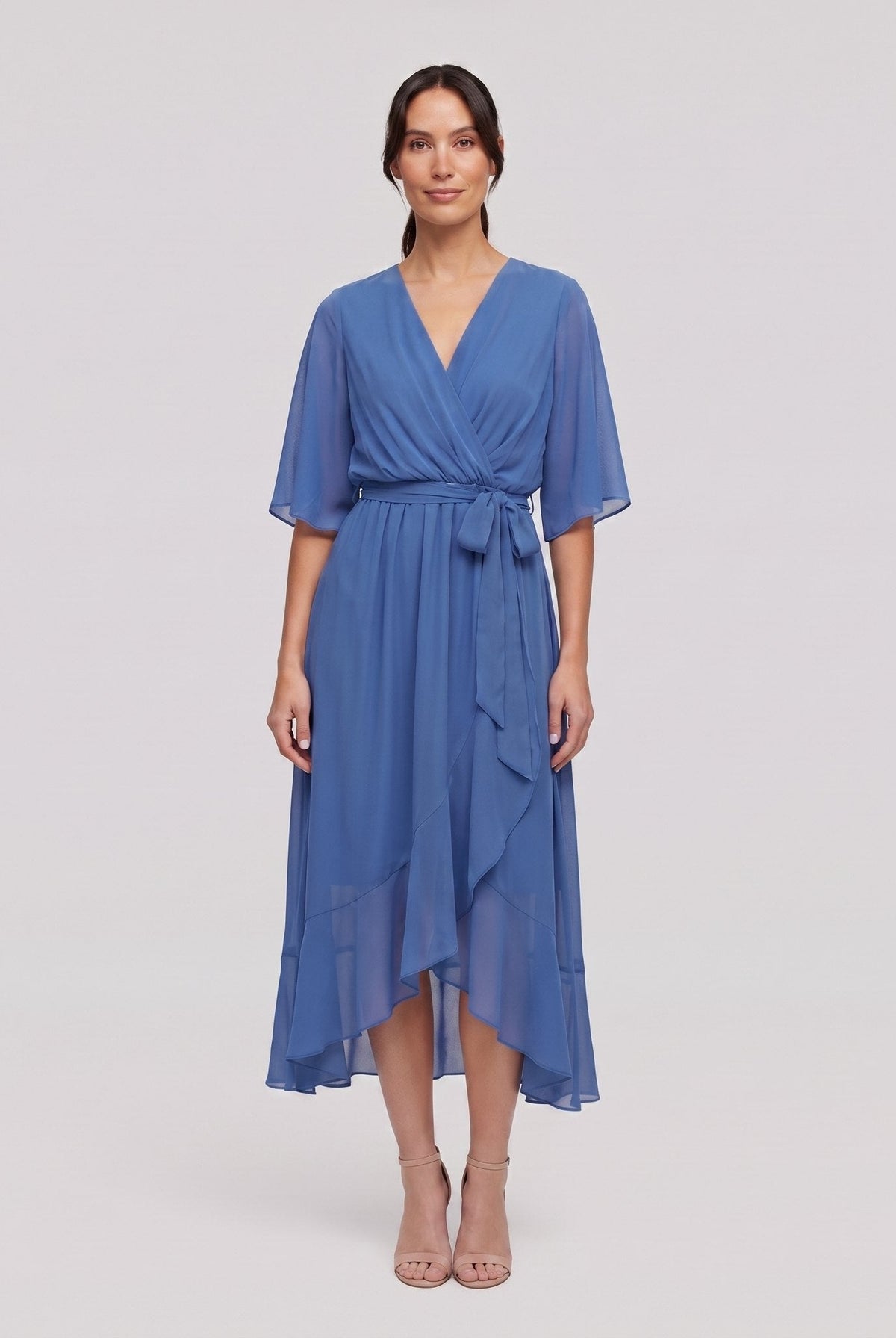 Cornflower blue Gina wrap midi dress with V-neck and flutter sleeves on model