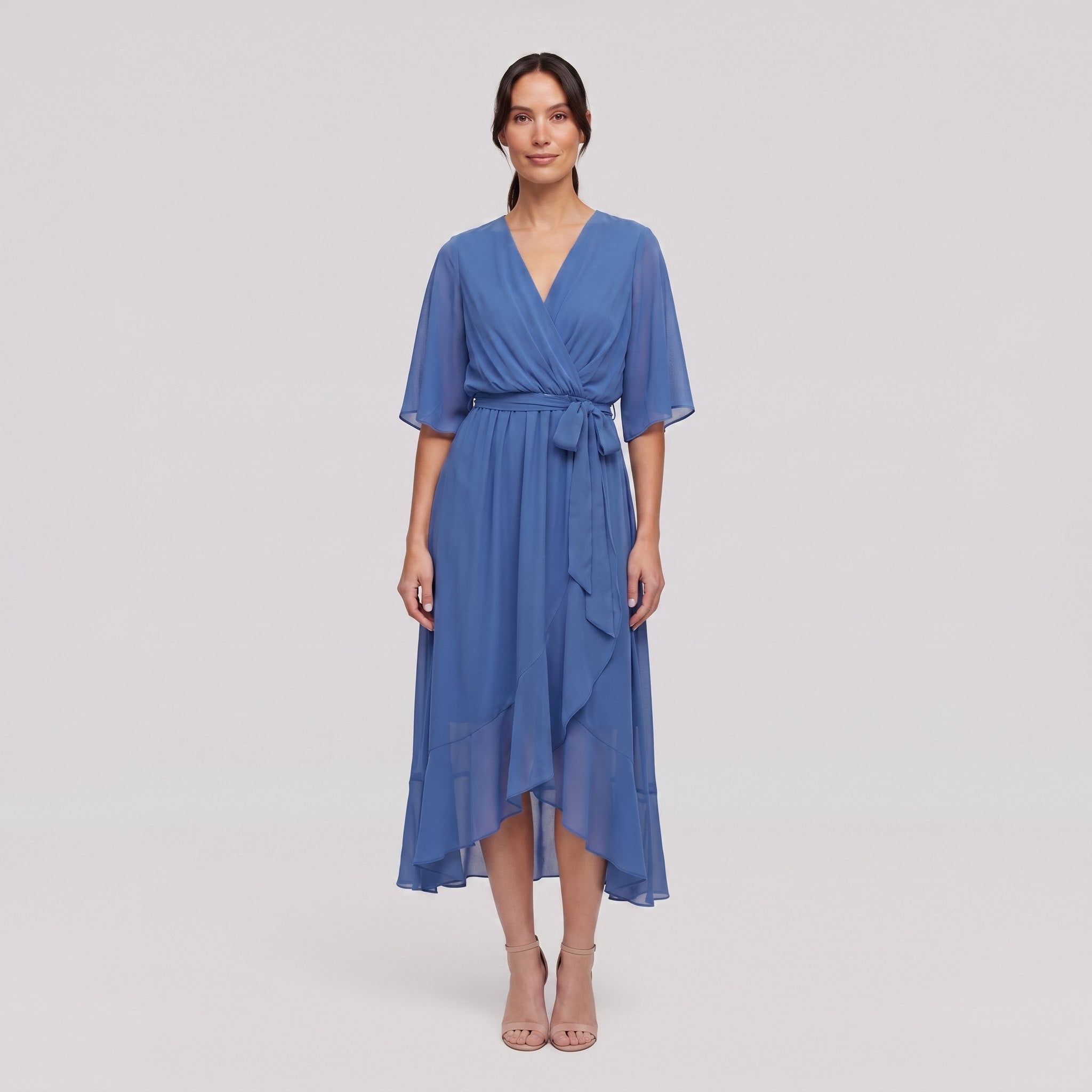 Cornflower blue Gina wrap midi dress with V-neck and flutter sleeves on model