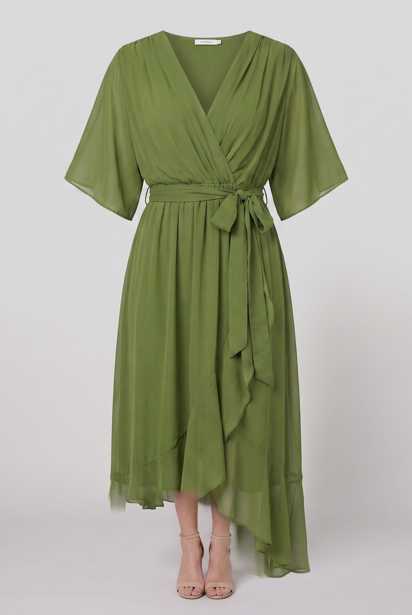 Gina wrap midi dress product flat-lay, tiered ruffle hem