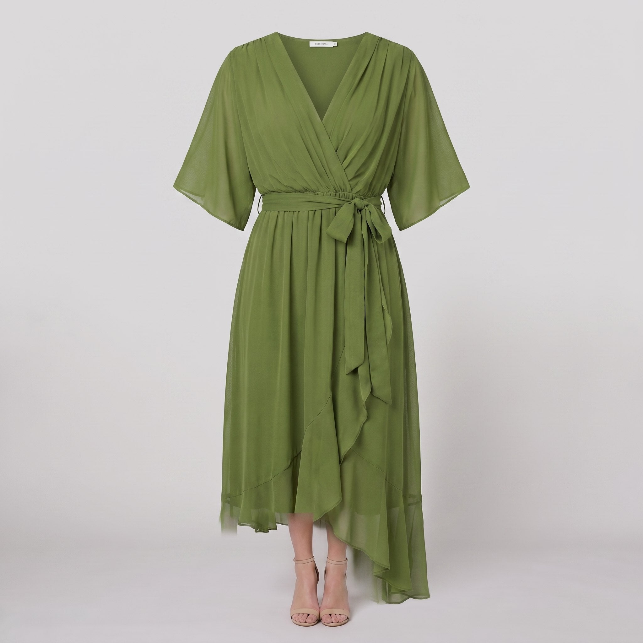 Gina wrap midi dress product flat-lay, tiered ruffle hem