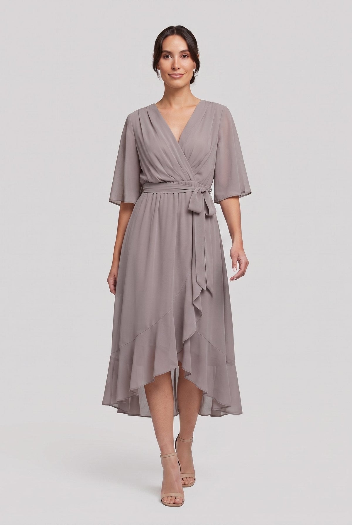 Taupe grey Gina wrap midi dress with V-neck and flutter sleeves on model