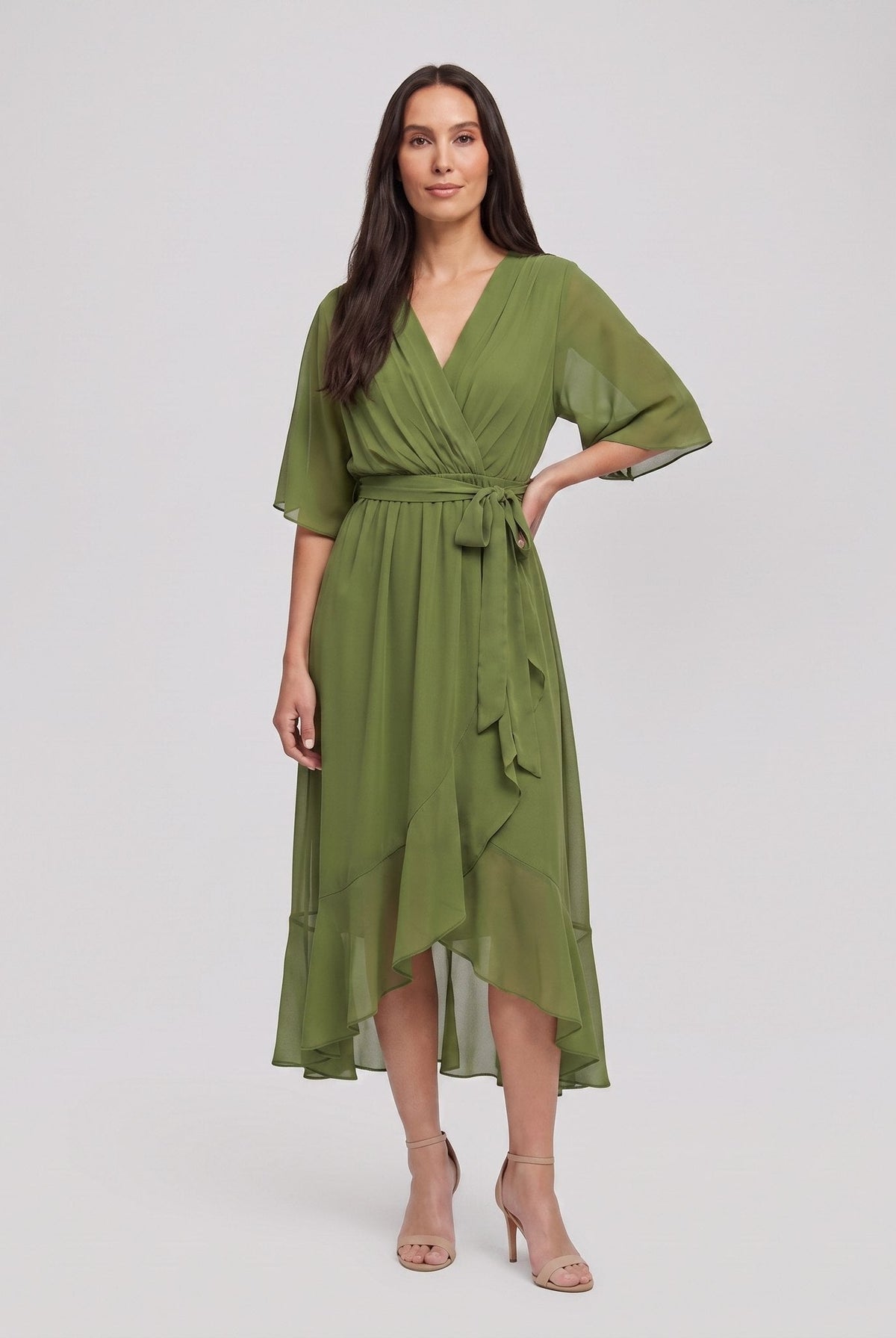 Olive green Gina wrap midi dress with V-neck and flutter sleeves on model