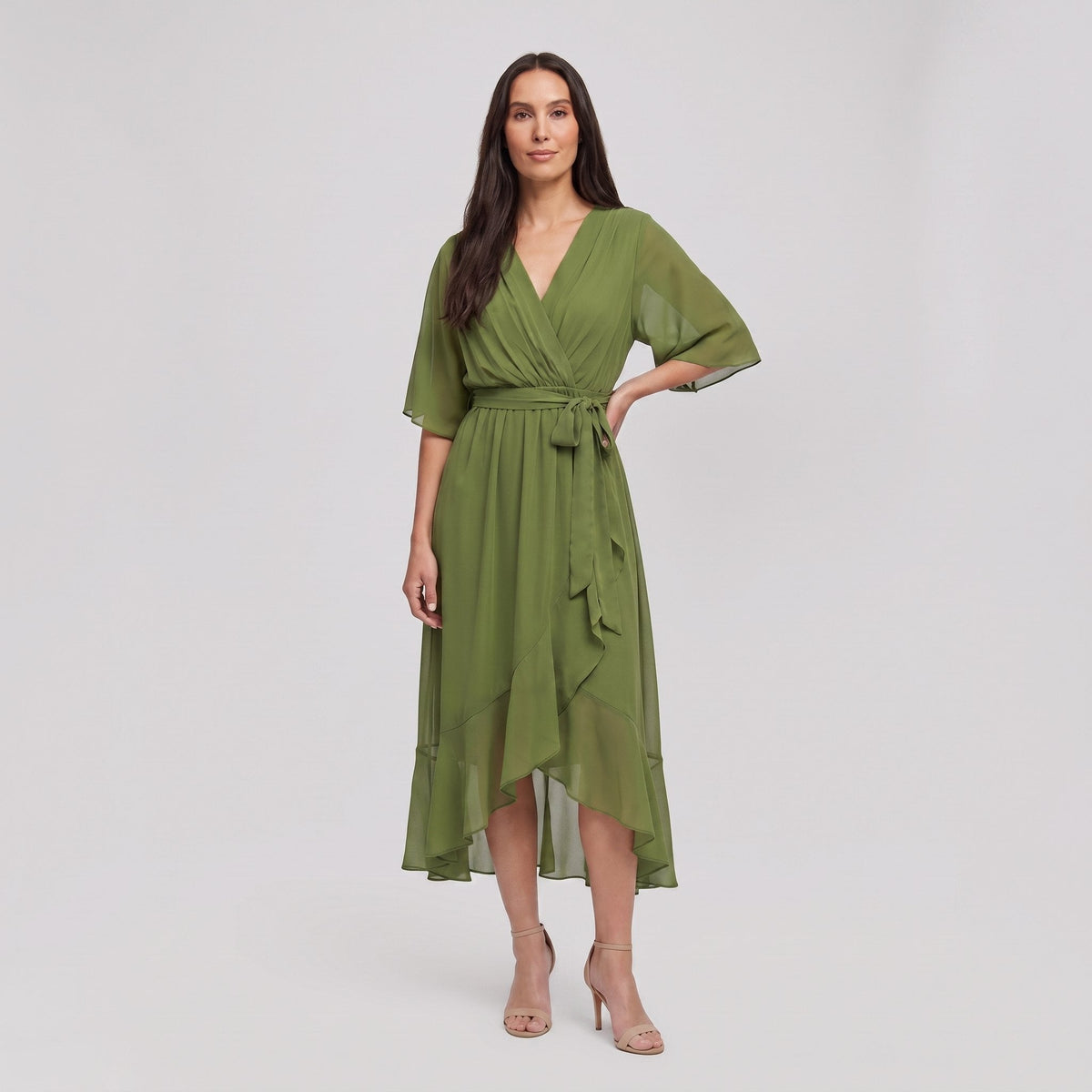 Olive green Gina wrap midi dress with V-neck and flutter sleeves on model