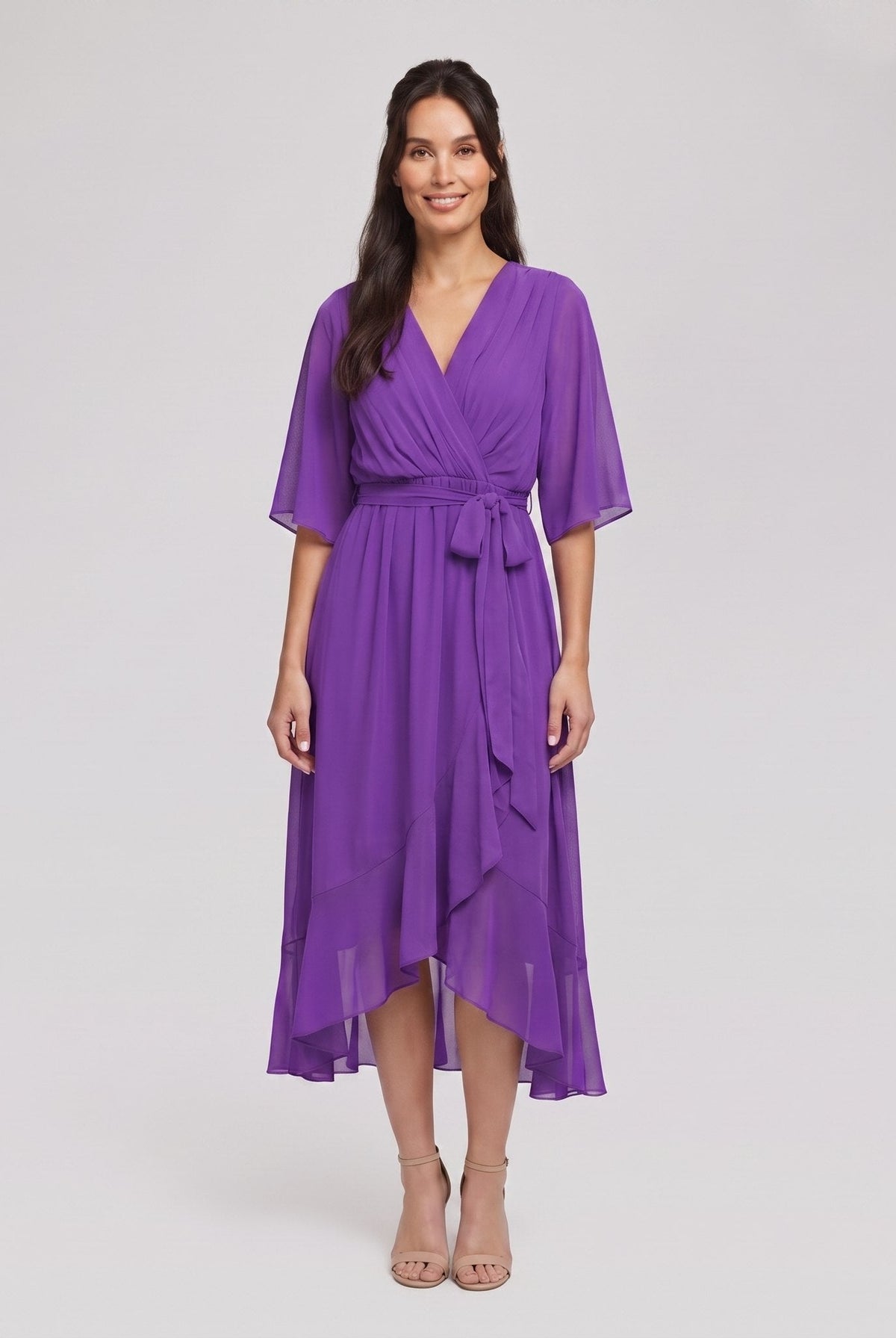 Violet purple Gina wrap midi dress with V-neck and flutter sleeves on model